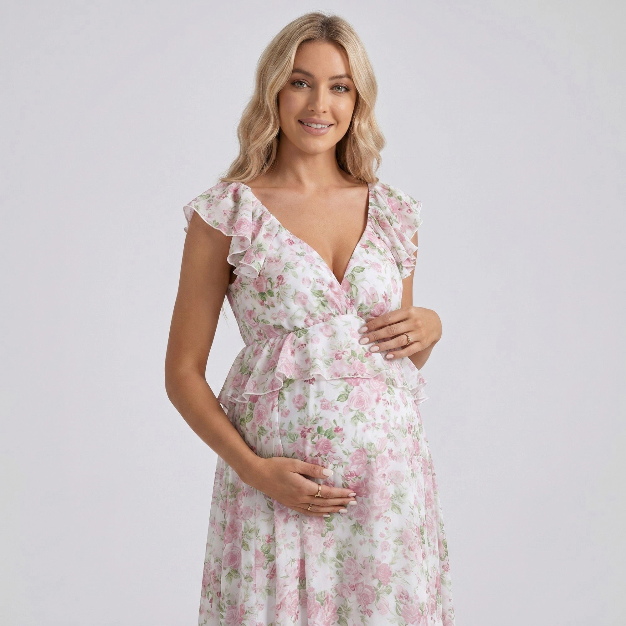 Anna-Kaci Women's Floral Ruffle Sleeve Empire Waist Maternity Maxi Dress