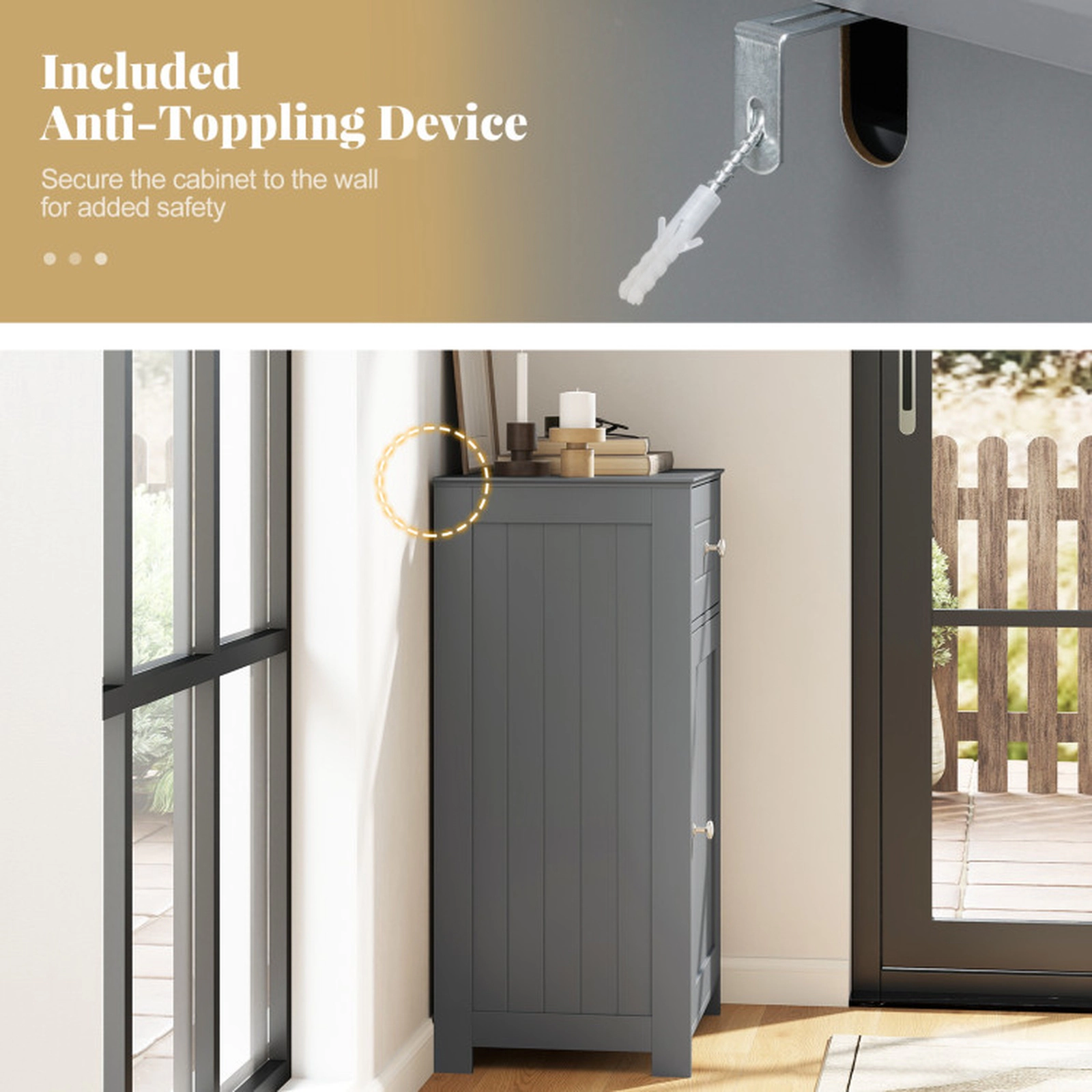 SUGIFT Drawer Single Door 3-Level Shelf Freestanding Bathroom Cabinet 17-in x 13.5-in x 30.5-in 220-lb Capacity Gray
