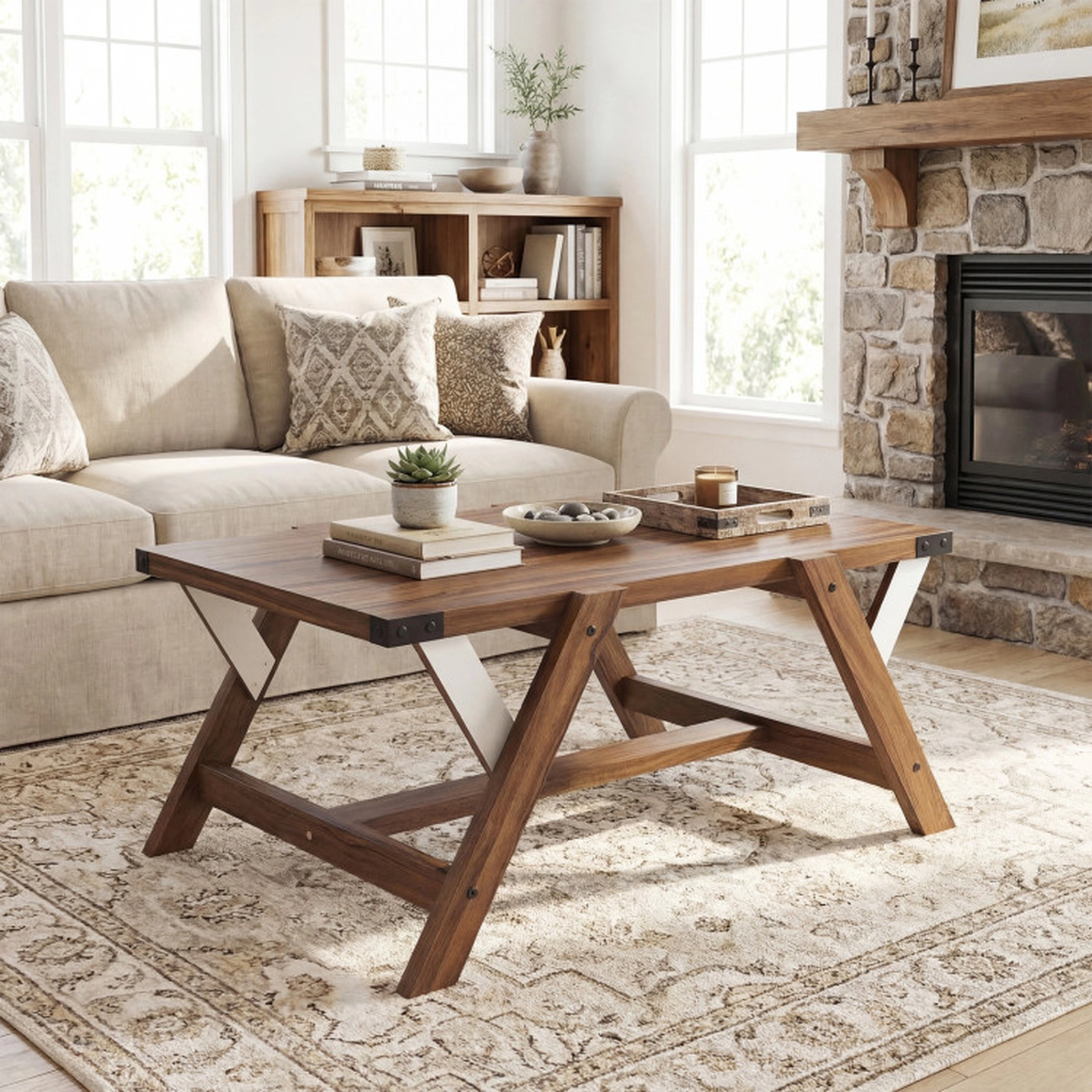 SUGIFT Farmhouse Engineered Wood Center Coffee Table 220-lb Capacity Walnut