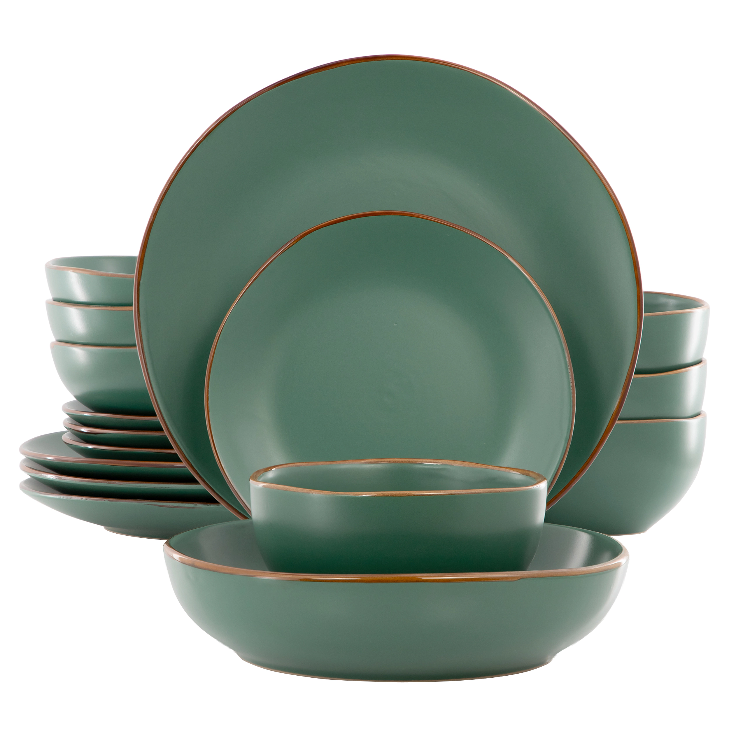 Gibson Home Hazeltine 16 Piece Stoneware Double Bowl Dinnerware Set in Matte Green