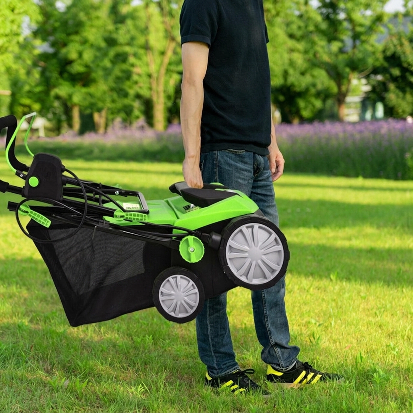 SUGIFT 4-Position Adjustable 15-in 13 Amp Electric Scarifier with 50L Collection Bag and Removable Blades Green/Orange