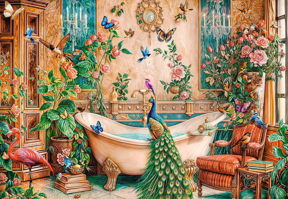 CASTORLAND 1000 Piece Jigsaw Puzzles, The Bath Fantasy, Luxurious bathroom, Peacock and exotic birds, Art., C-105380-2