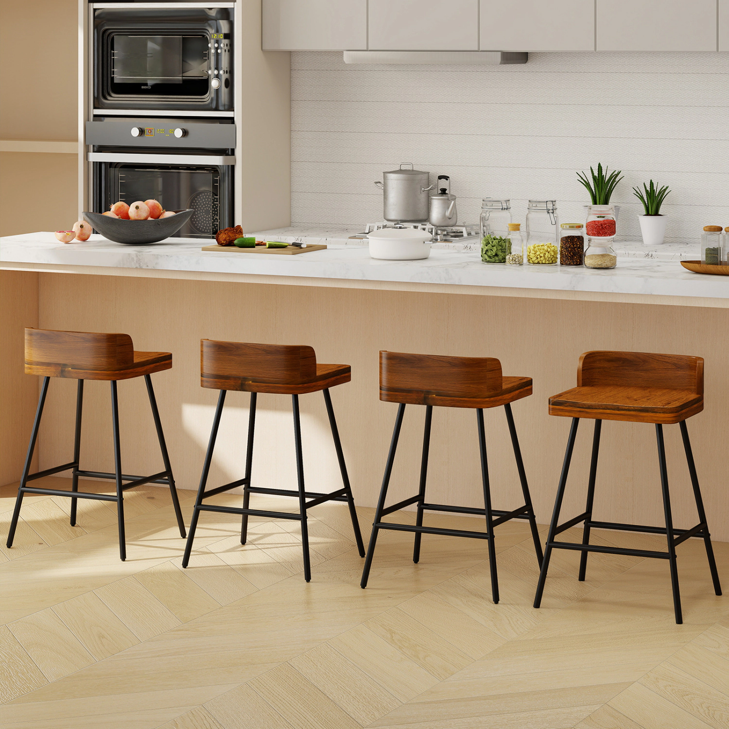 SUGIFT Set of 4 24-Inch Walnut Bar Stools, Low Back, Black Metal Legs