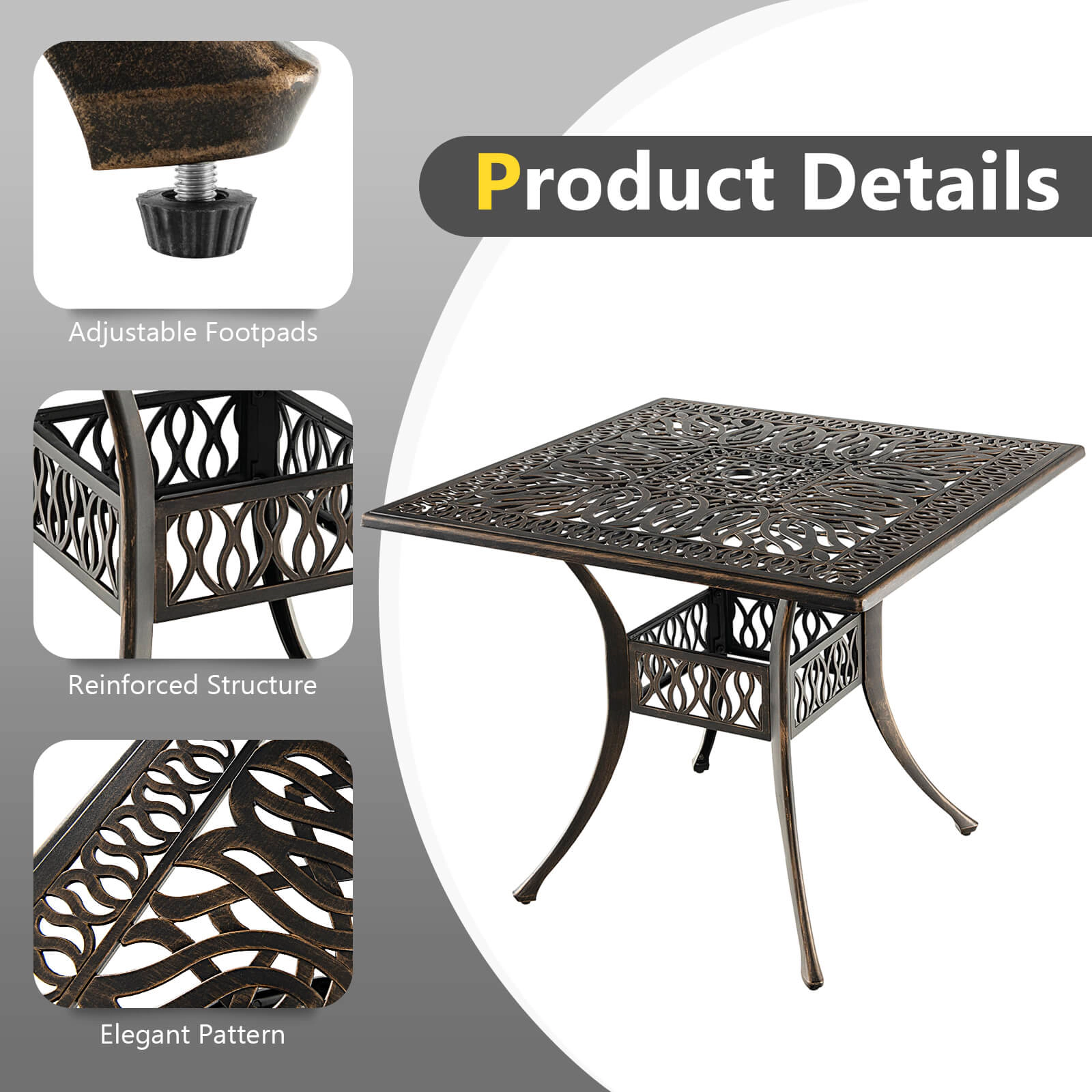 SUGIFT 36-in Cast Aluminum Patio Square Dining Table with 2-in Umbrella Hole 200-lb Capacity 4-Person Antique Brown