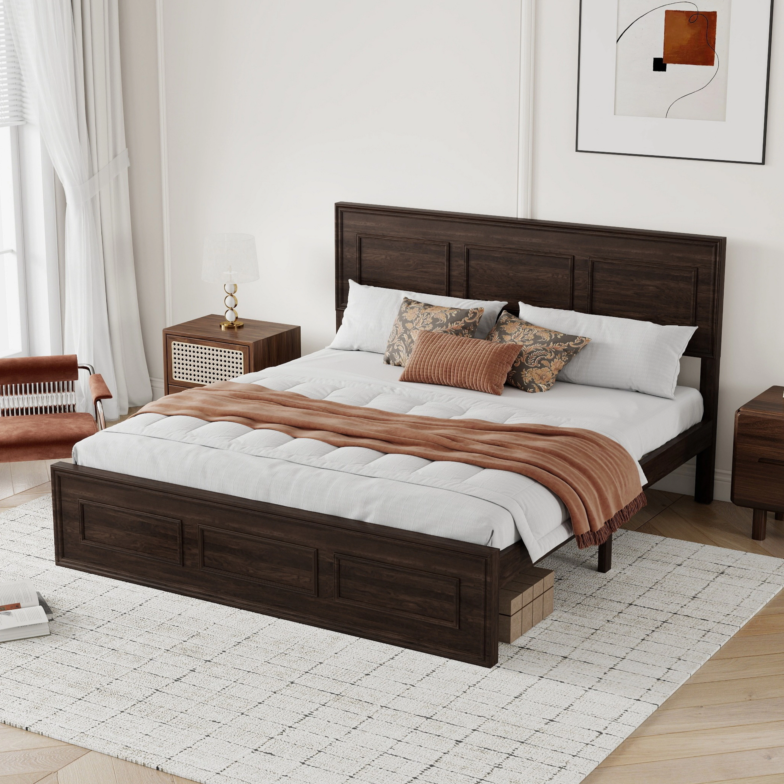 Flynama Queen Bed with Adjustable Height Headboard, Pine Wood Strengthened Frame, Rich Brown