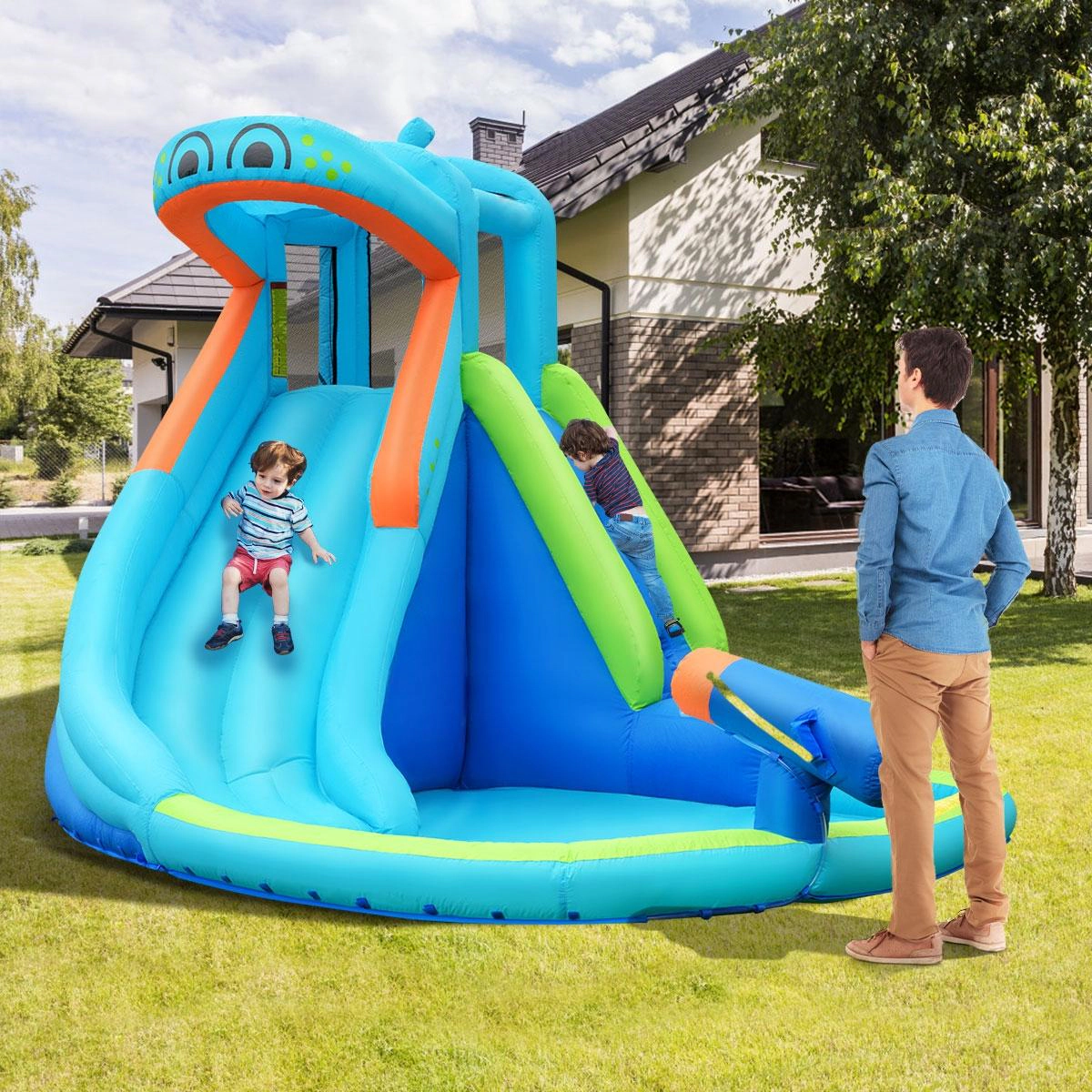 SUGIFT Kids Blue Hippo Inflatable Water Slide with Splash Pool and Climbing Wall 12.5-ft W 200-lb Total Capacity