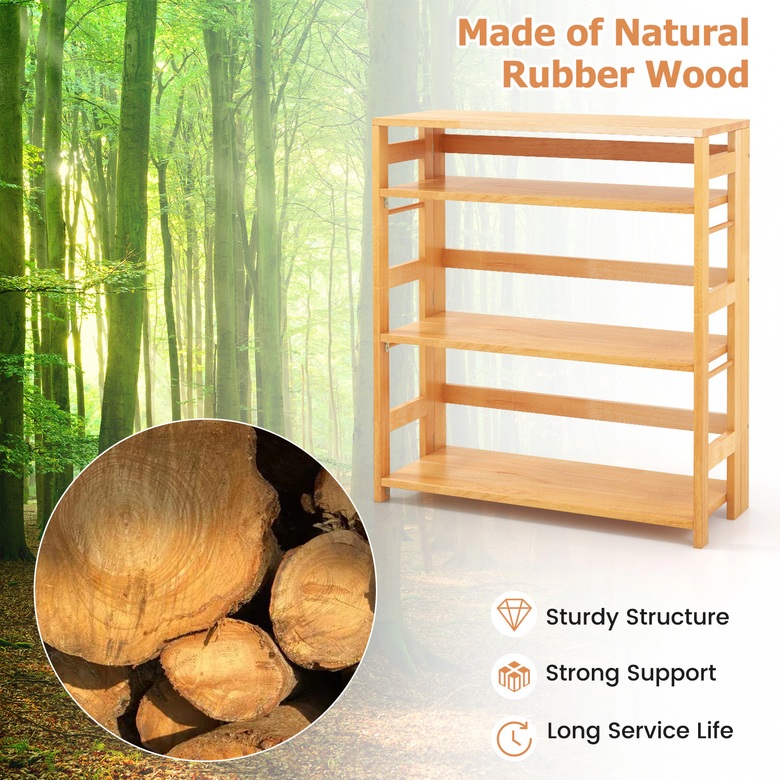 SUGIFT 4-Tier Bookshelf with Side Fences 33-lb Shelf Capacity Natural