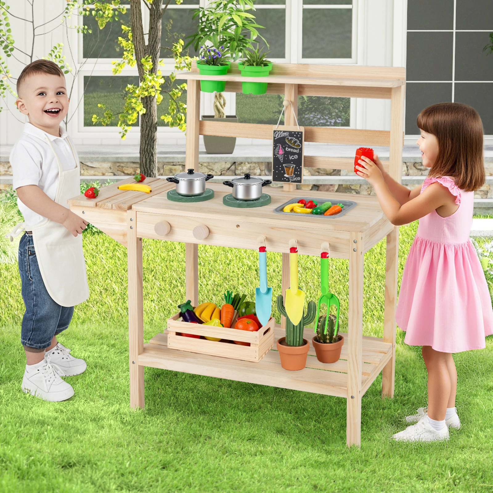 SUGIFT Natural Sink Stoves and Storage Shelves Kids Outdoor Wooden Mud Kitchen Playset