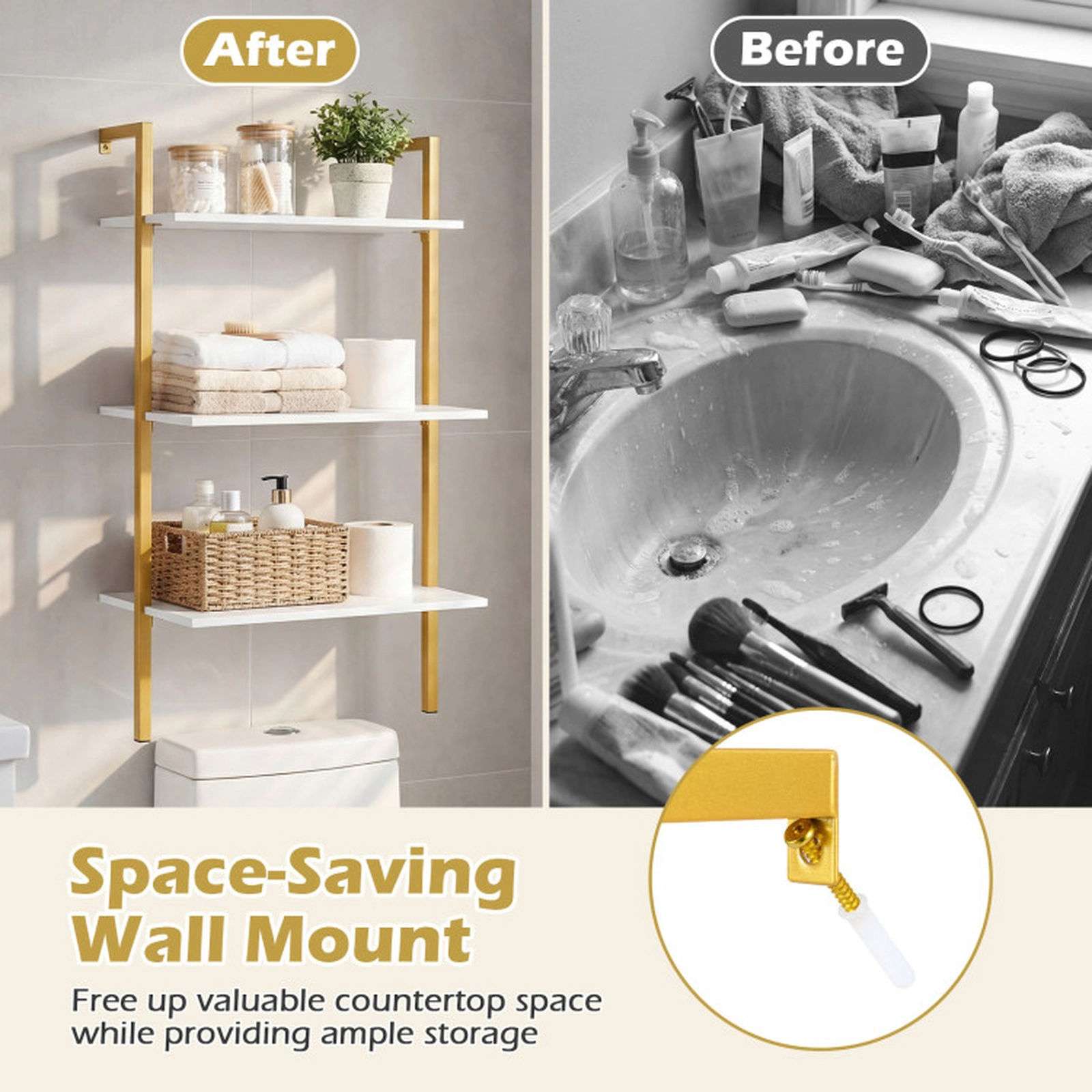 SUGIFT 3-Tier Wall Mounted Bookcase Floating Shelving Unit with Metal Ladder Frame 22-lb Shelf Capacity Gold and White