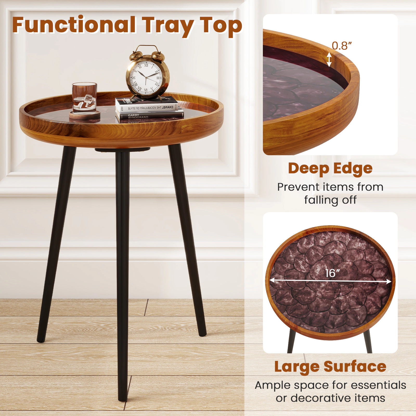 Glintex 16-Inch Round Sea Shell End Table with Teak Wood Top and Epoxy Resin Finish, Green