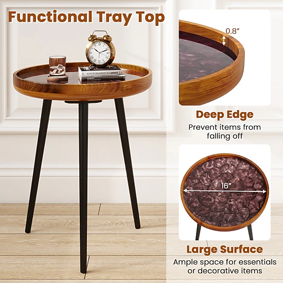 Glintex 16-Inch Round Sea Shell End Table with Teak Wood Top and Epoxy Resin Finish, Green