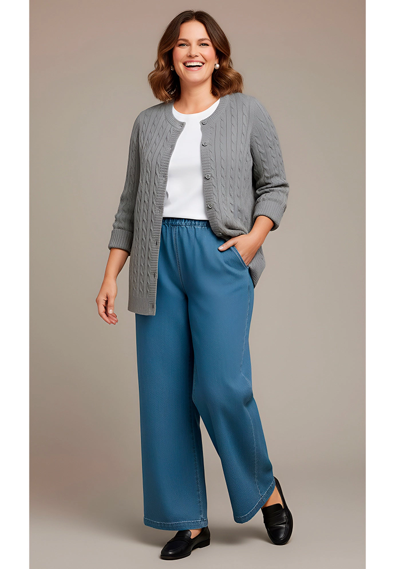 Woman Within Plus Cotton Cable Knit Cardigan Sweater