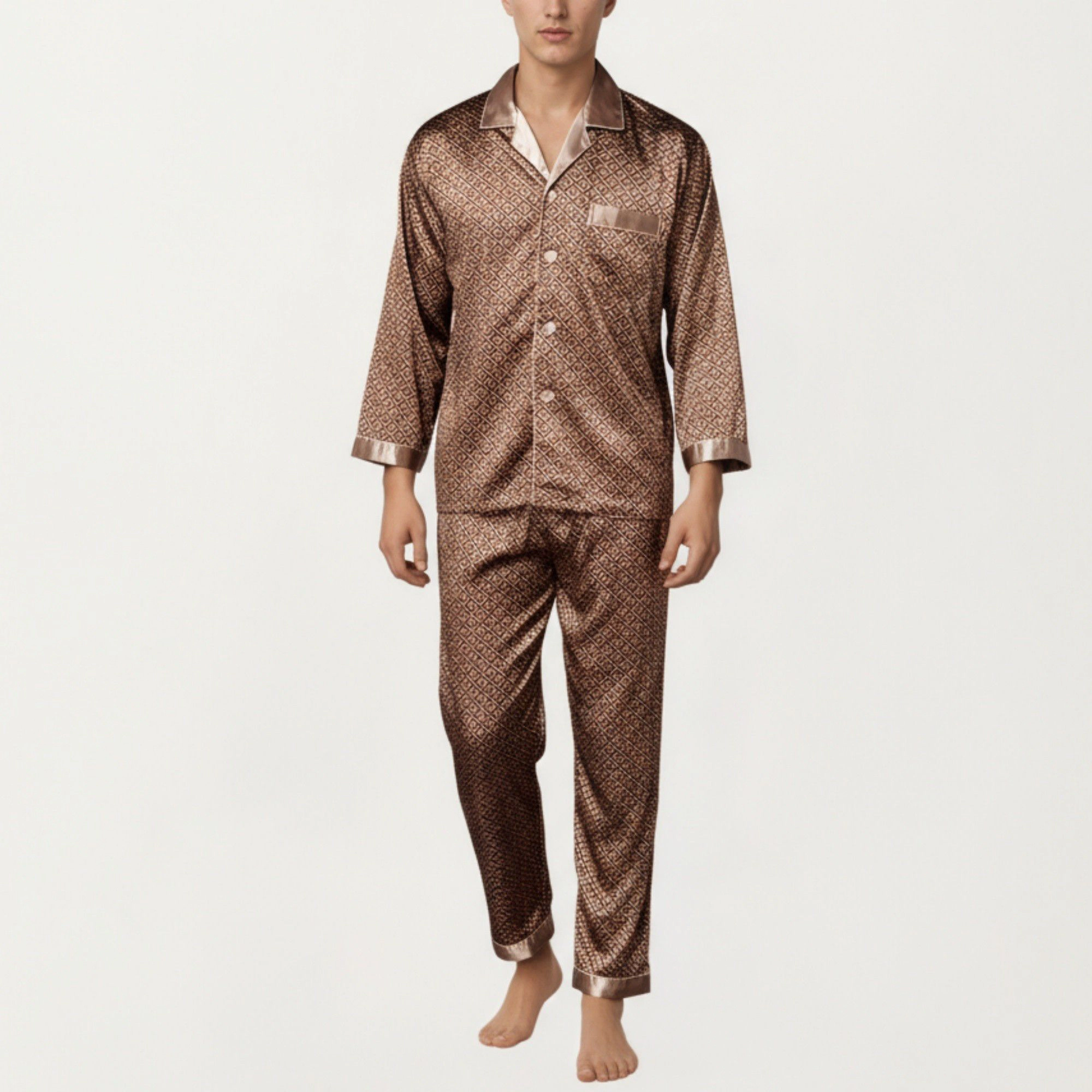 Anna-Kaci Men's 2-Piece Satin Pajamas with Geometric Print Button Up Top and Matching Pants