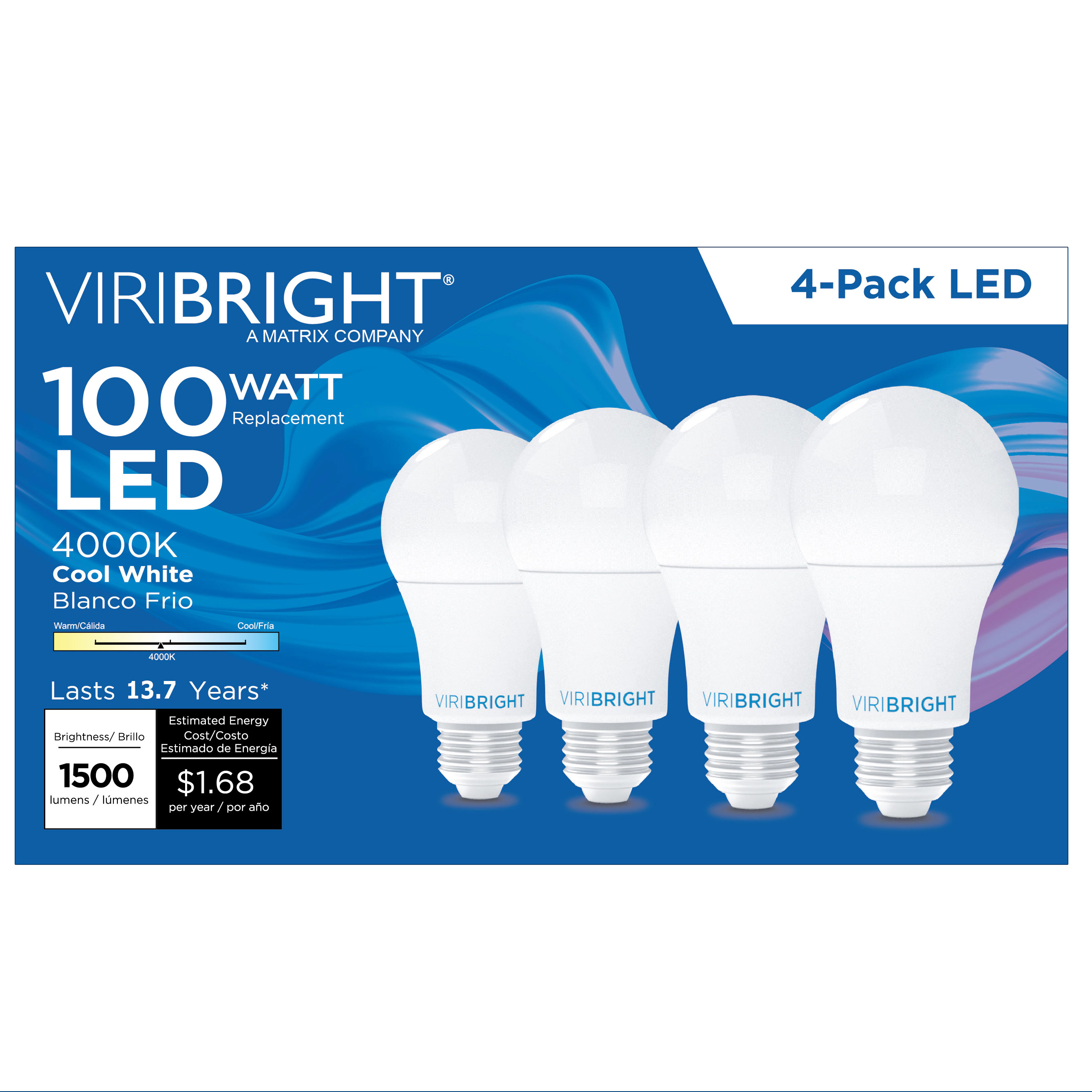 Viribright® A19 LED Light Bulbs, E26, Screw Base, 100W, 1500 Lumens, Dimmable, Warm White 2700K (4 Pack)