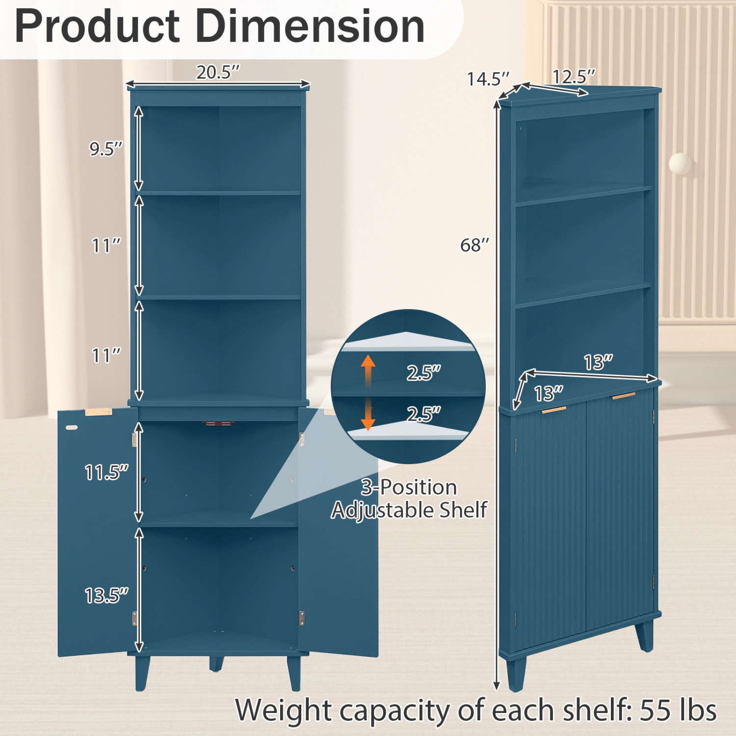 Glintex 68-Inch Painted Corner Cabinet with Fluted Doors and 3 Open Shelves