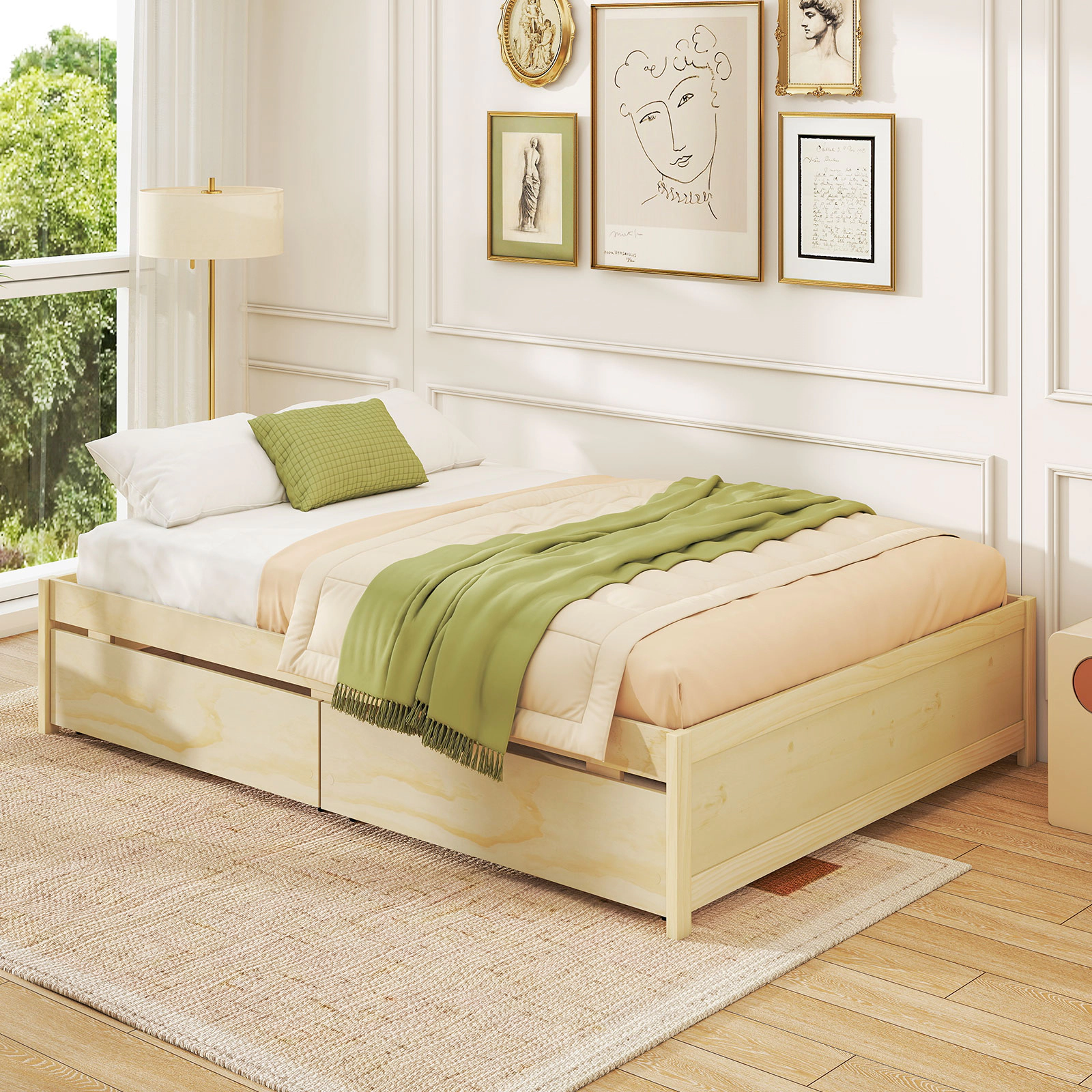 Full Size Wooden Bed Frame with 2 Rolling Storage Drawers Low Profile Platform Bed with 8 Plywood Slats Natural
