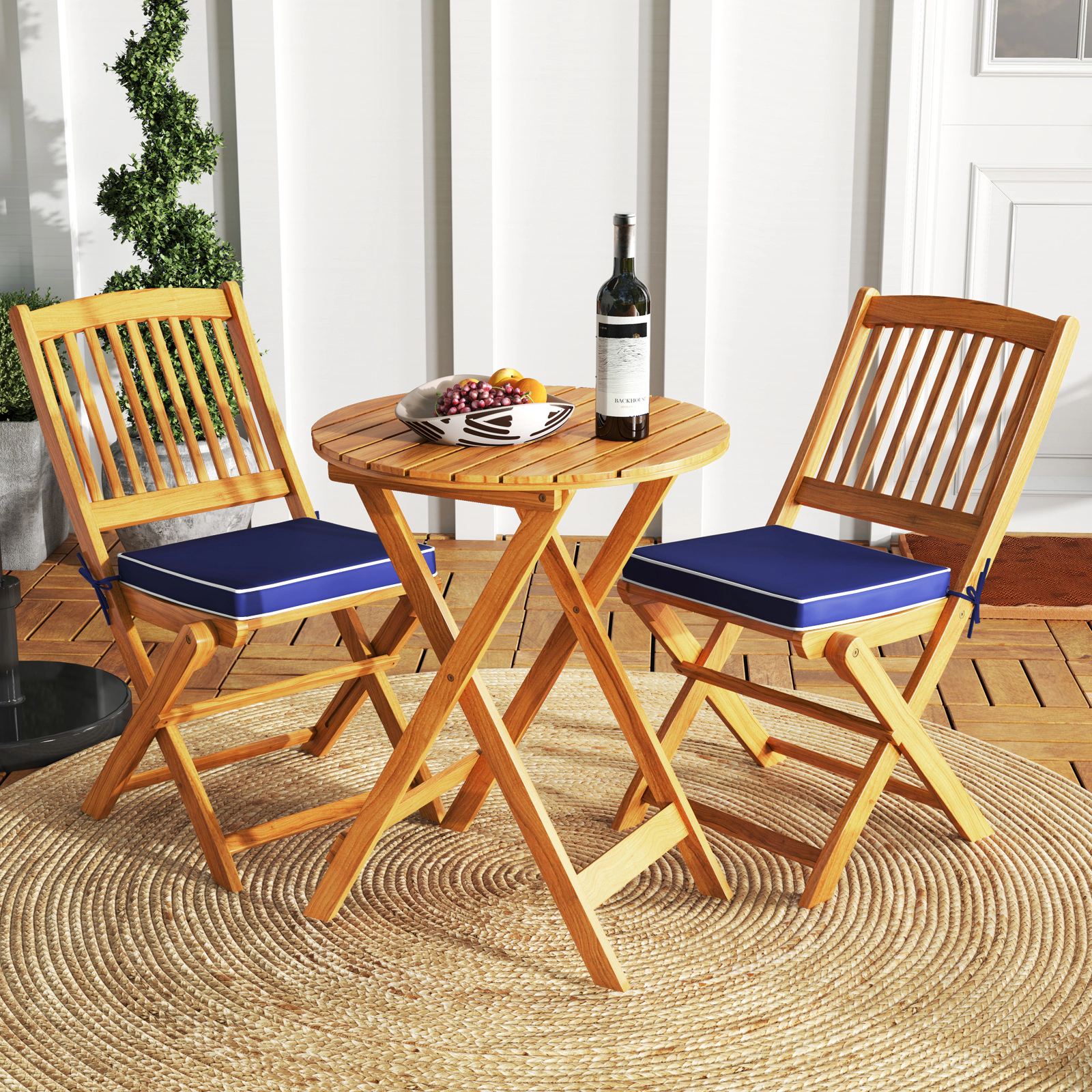 SUGIFT Navy Round Table and Cushions 3-Piece Acacia Wood Folding Patio Bistro Set