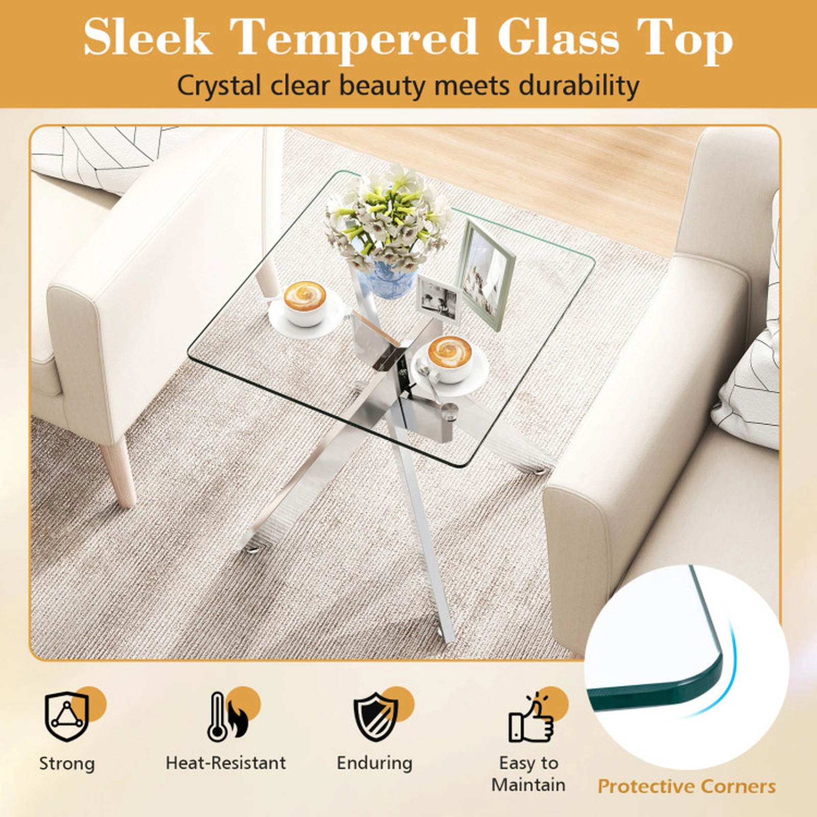 SUGIFT 20-Inch Square Glass Side Table, Tempered Glass Top, Silver Metal X Base