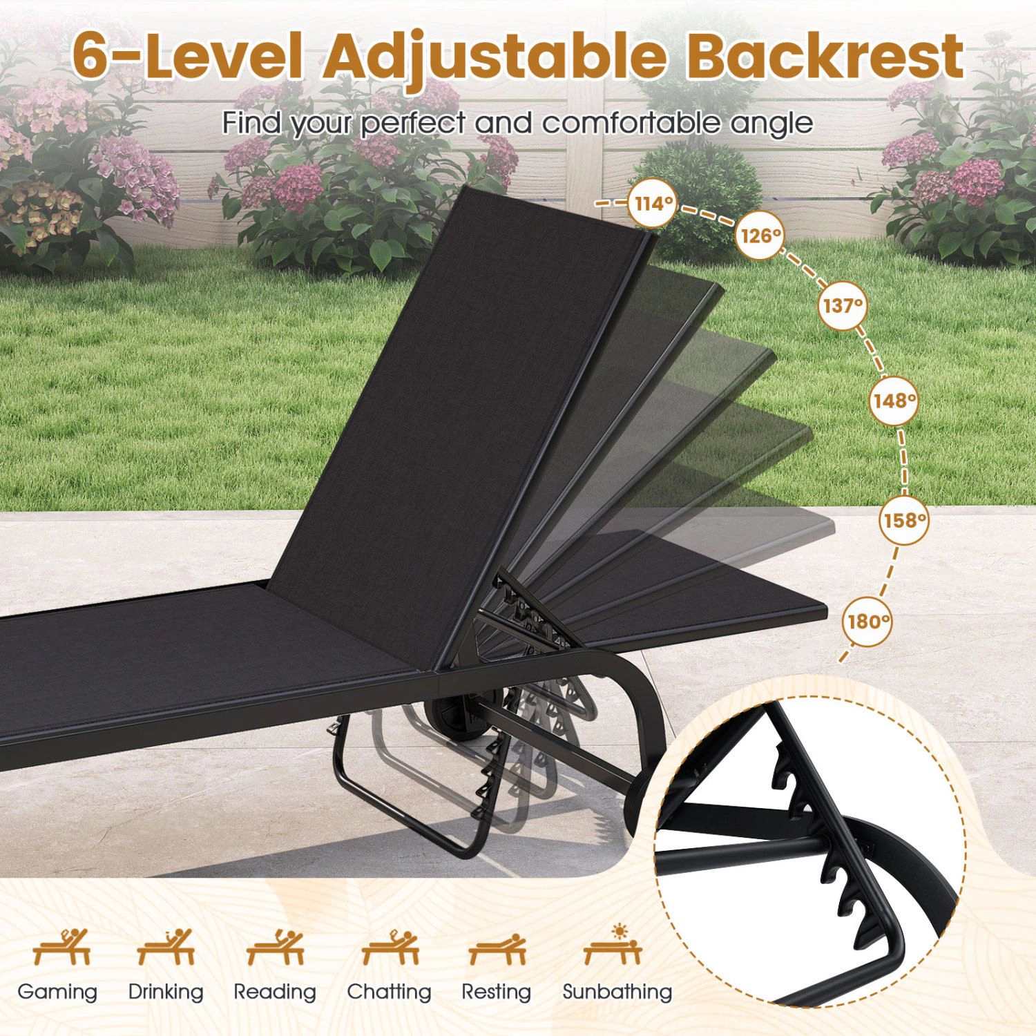 SlickBlue Adjustable Outdoor Reclining Poolside Chaise Lounge