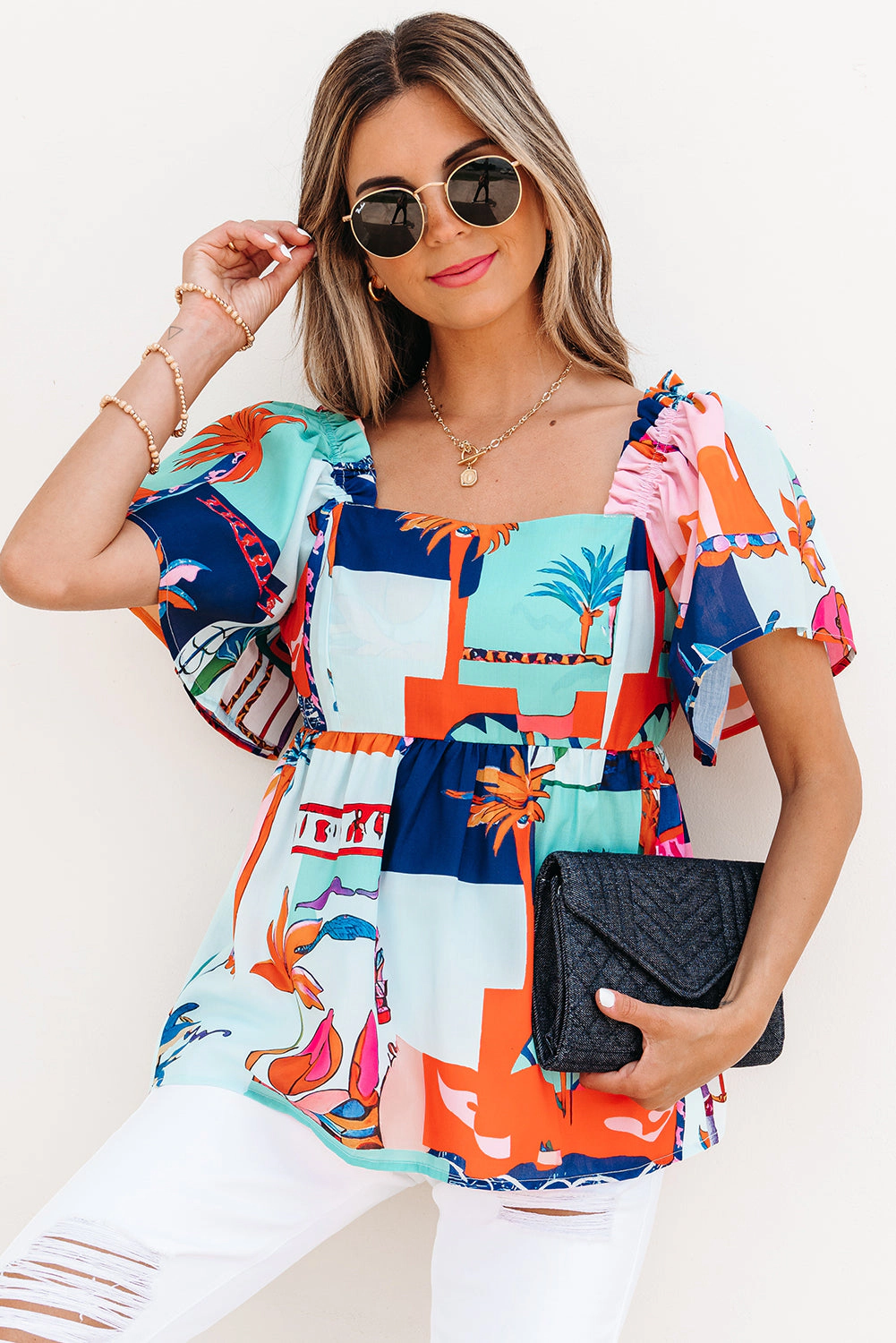 Threaded Pear Women's Payton Tropical Flutter Sleeve Babydoll Blouse