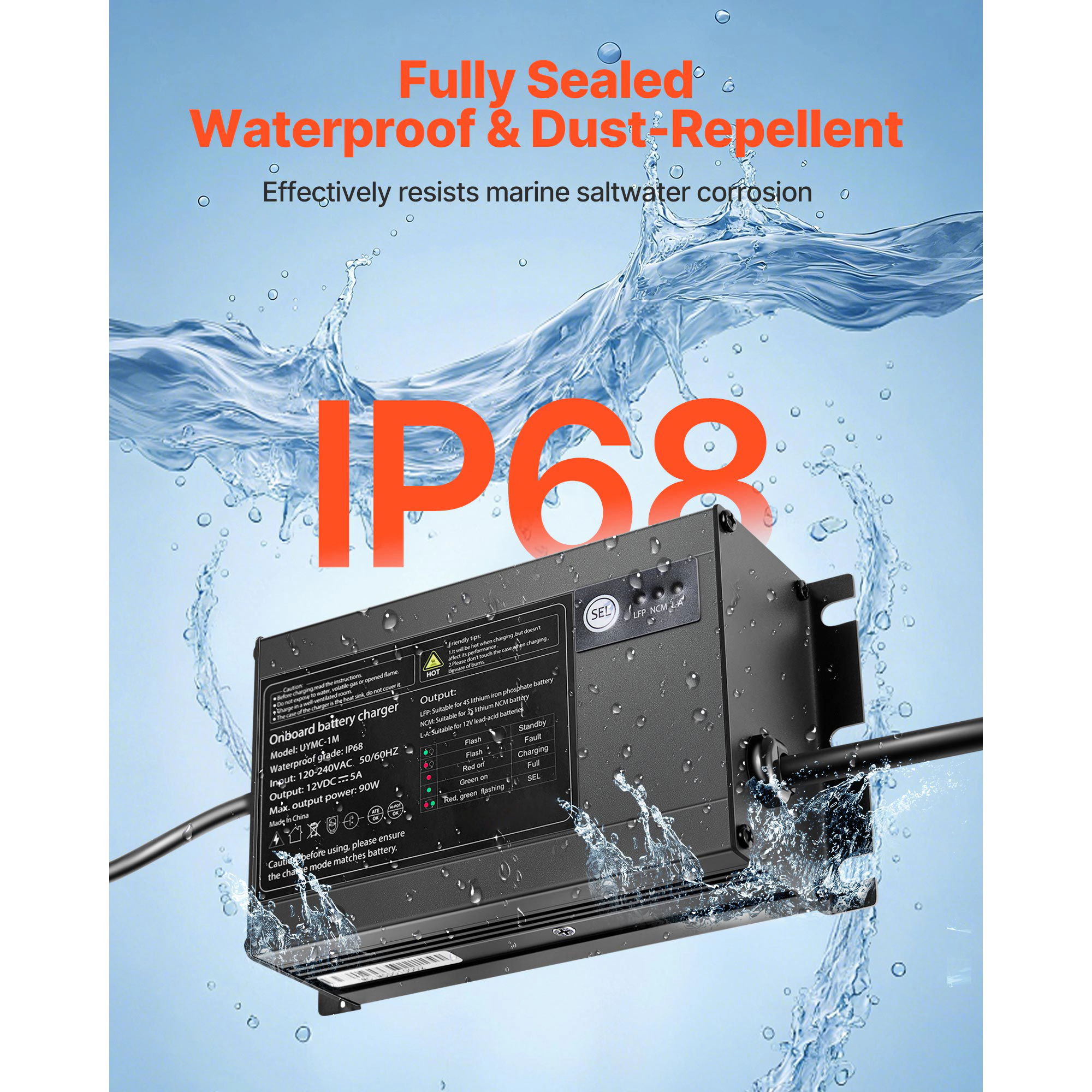 HONGGE Marine Battery Charger, 12V Onboard Boat Charger, IP68 Waterproof Smart On-Board Battery Charger