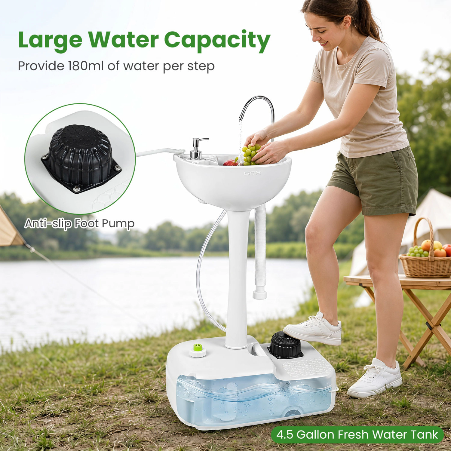 LJG Portable Foot Pump Camping Sink with 4.5 Gal Water Tank and Soap Dispenser