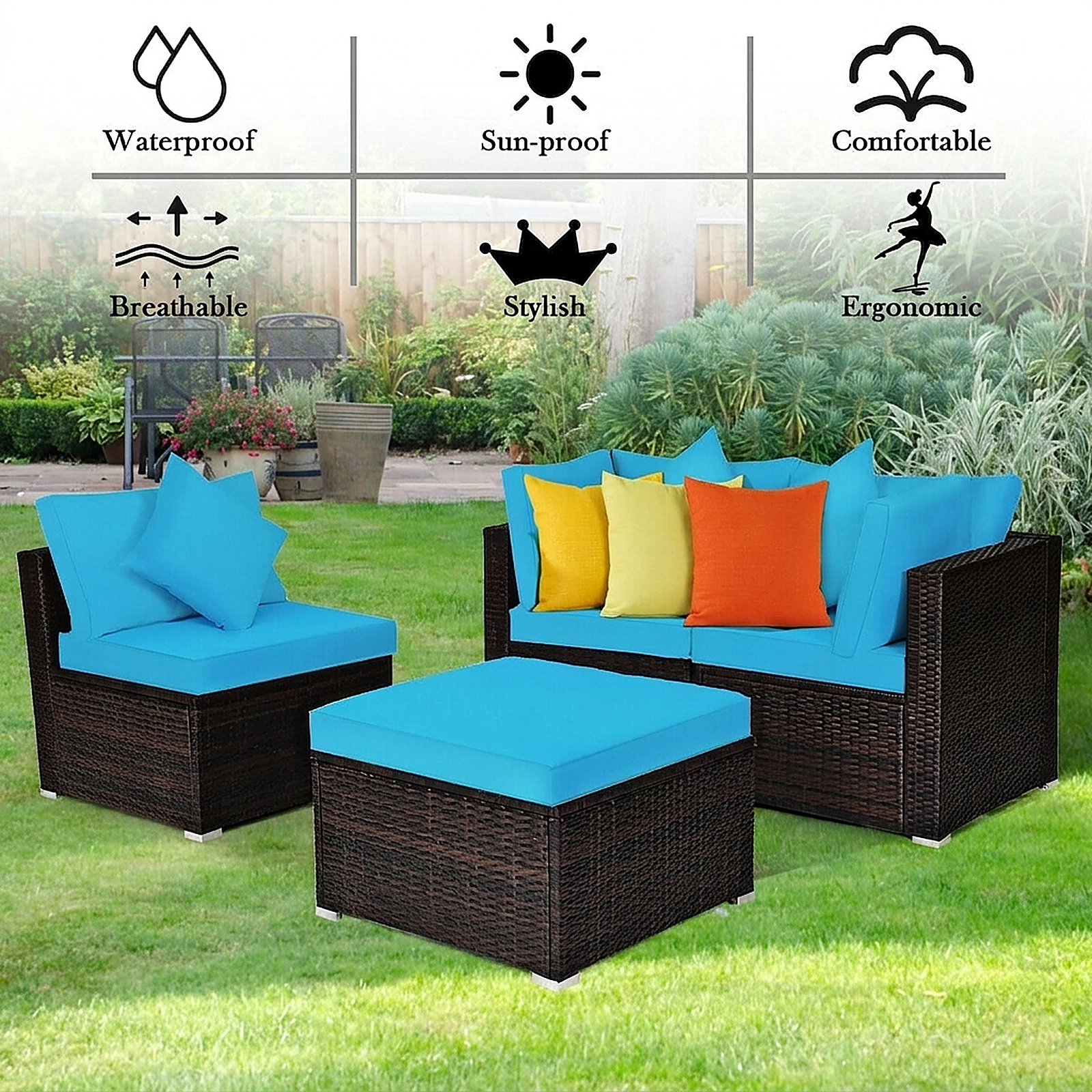 SUGIFT 4-Piece Turquoise Wicker Patio Sectional, 2 Corner Sofas and 25-Inch Ottoman