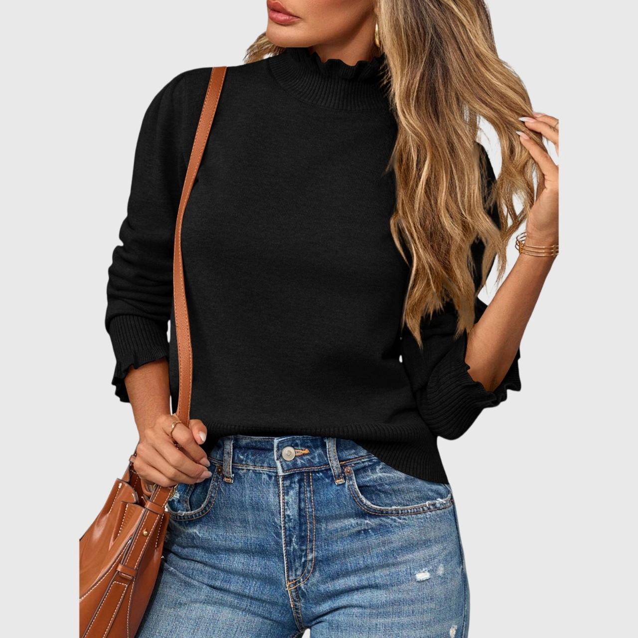 YesFashion Women's Ruffle Mock Neck Sweater Casual Long Puff Sleeve Soft Knit Pullover Tops