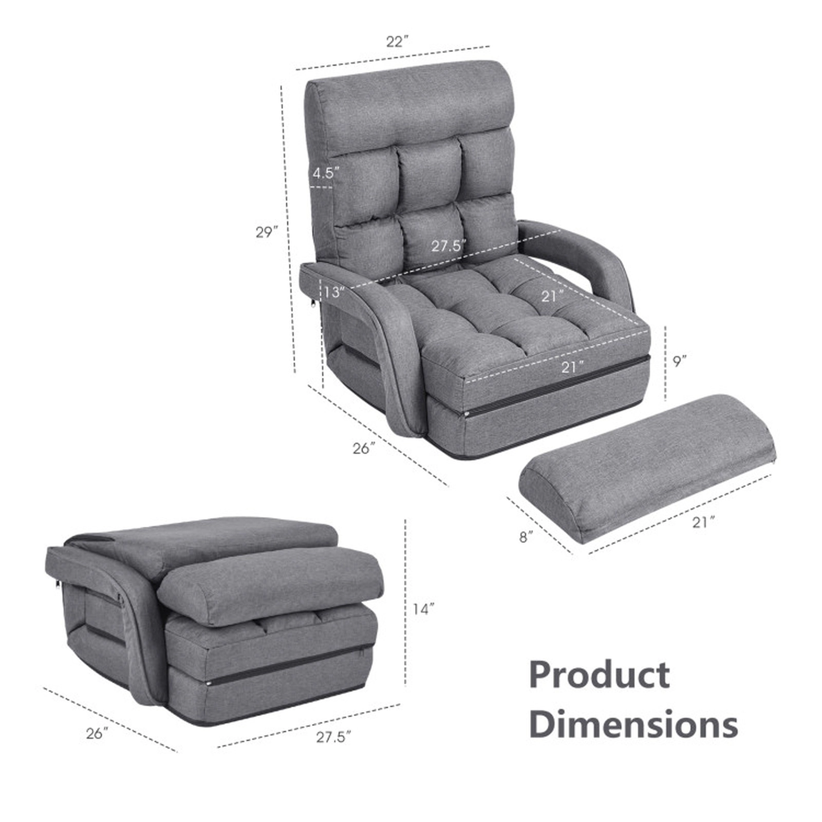 SUGIFT 6-Position Adjustable Gray Folding Floor Chair Sofa with Armrests Lumbar Pillow and Removable Cushion