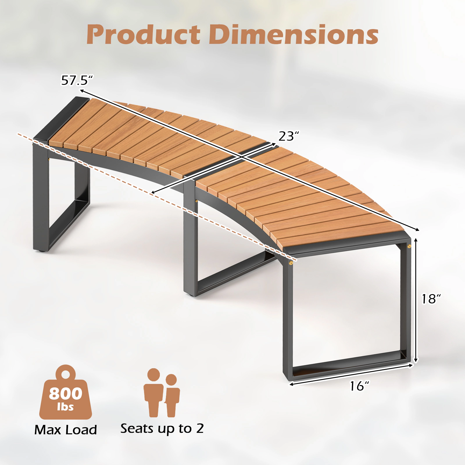 SUGIFT Curved Acacia Wood Patio Bench with Slatted Seat and Metal Legs 800-Lb Capacity Yellow Black