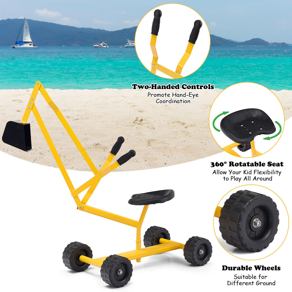 SUGIFT Yellow Heavy Duty Steel Frame and 360-Degree Swivel Seat Kids Ride-On Sand Digger