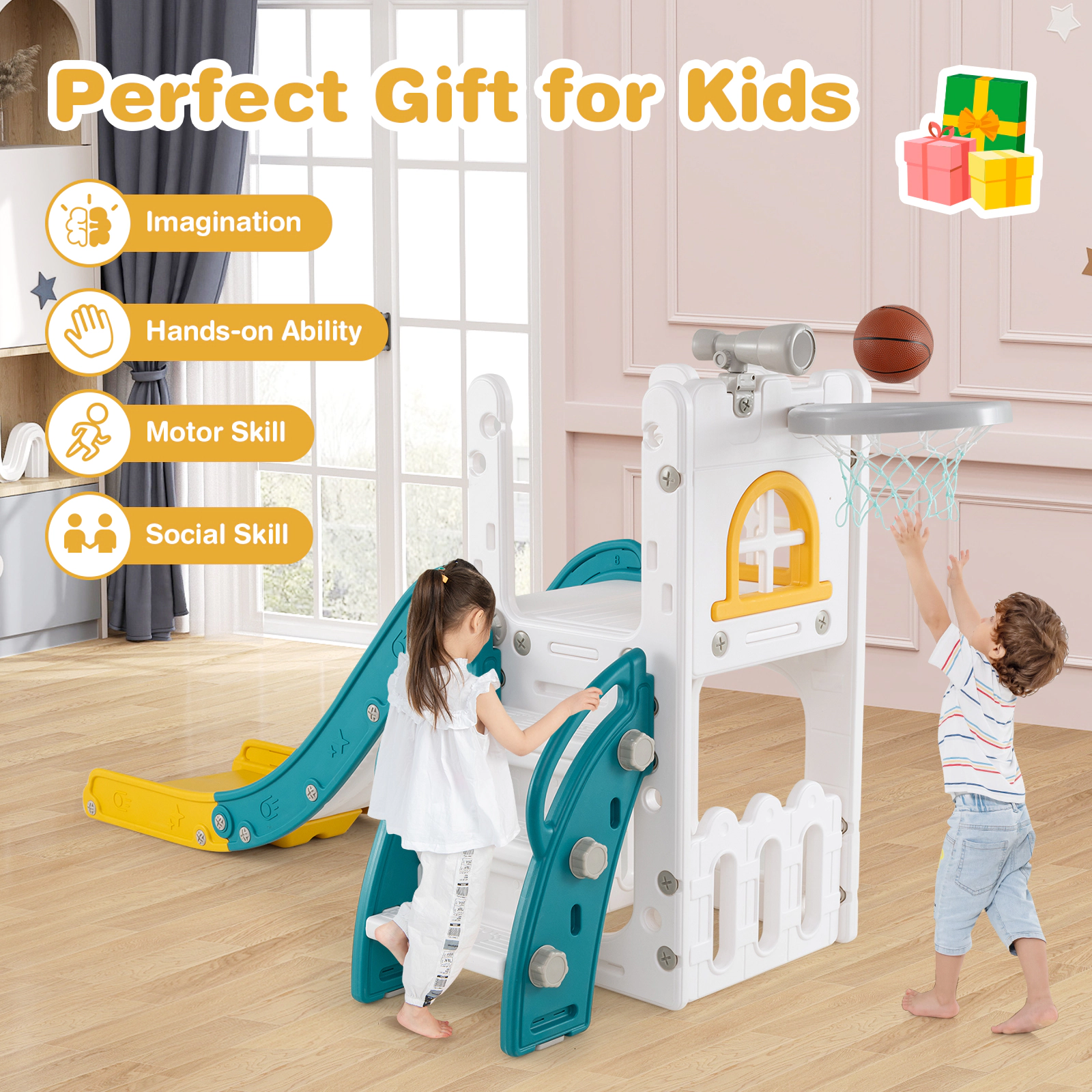 SUGIFT 6-in-1 110-lb Capacity L-Shaped Toddler Slide with Telescope Climber Basketball Hoop and Ladder