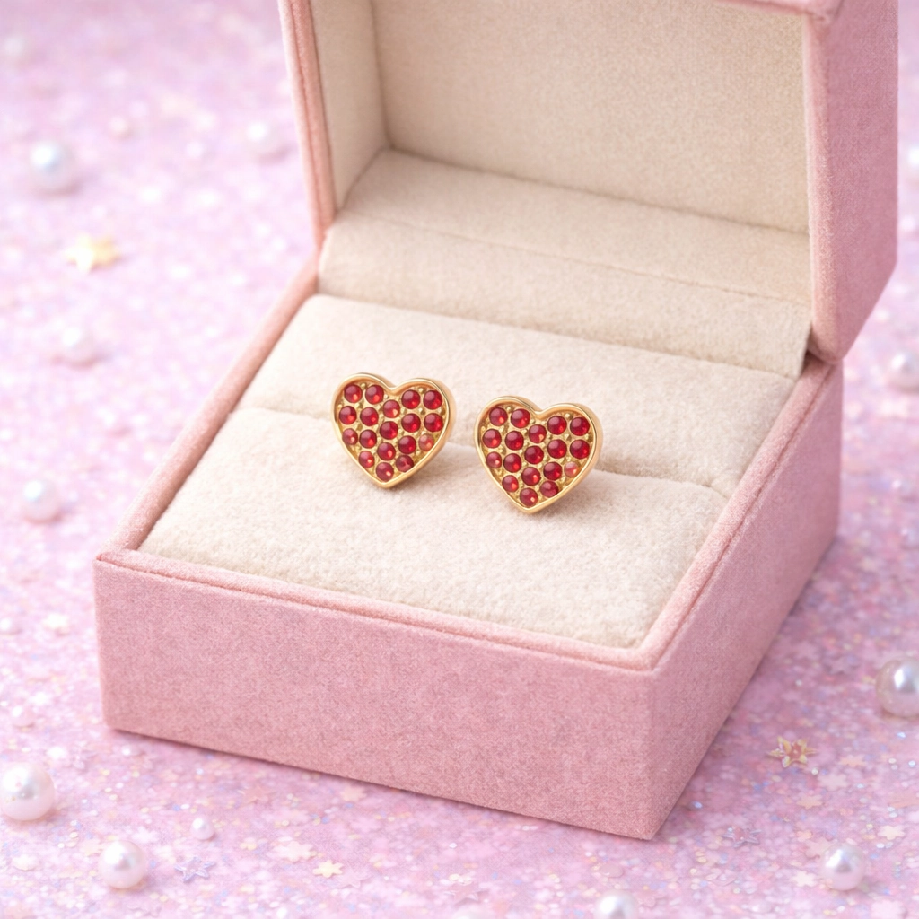 CHANTEUR Kids Red Crystal Heart Stud Earrings - 18K Gold Plated, Sterling Silver Screwbacks