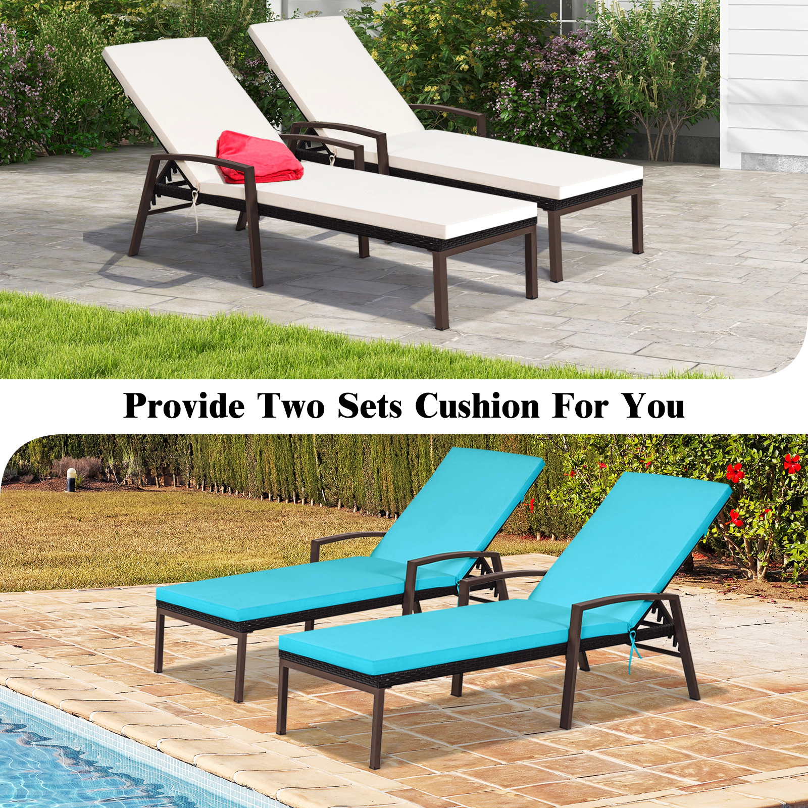 SUGIFT 2-Piece Patio Rattan Reclining Chaise Lounge Chair Set with Cushion & Armrest 400-lb Capacity Turquoise & White