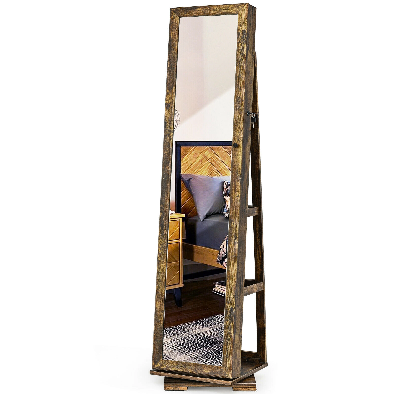 SUGIFT 360° Rotatable 2-in-1 Lockable Jewelry Cabinet with Full-Length Mirror 63.5-in Tall Rustic Brown
