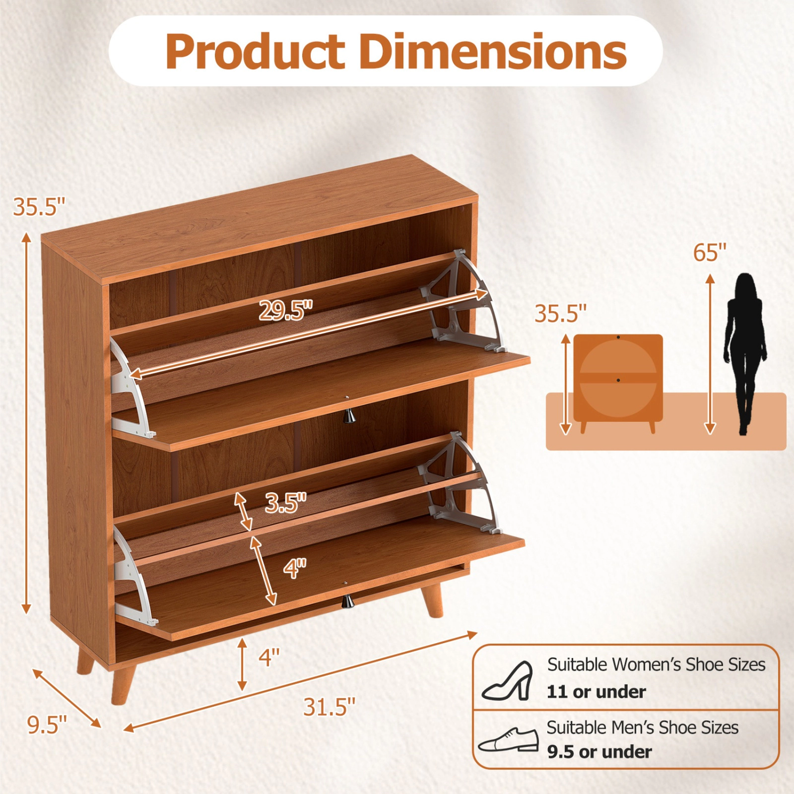 SUGIFT Oak Narrow Shoe Rack Cabinet with 2 Flip Drawers and Removable Shelves 31.5-in W 9.5-in D 66-lb Top