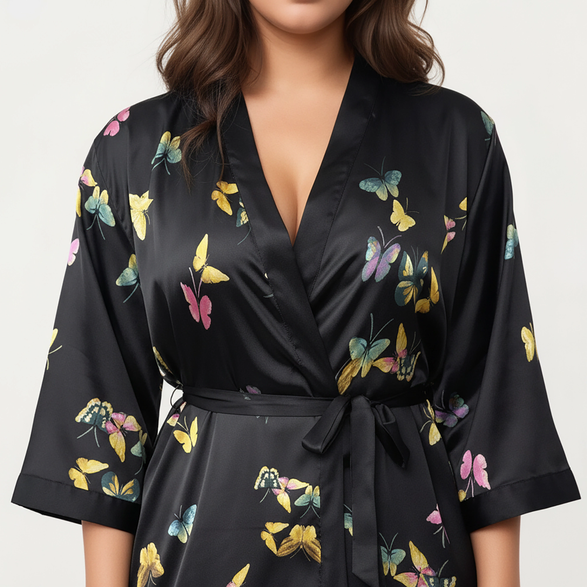 Anna-Kaci Women's Plus Butterfly Print Satin Robe with Wrap Front Design Wide Sleeves and Adjustable Tie Waist Belt