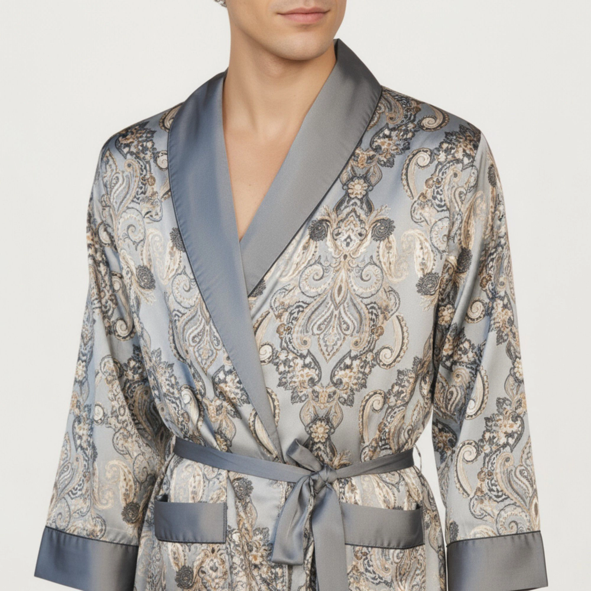 Anna-Kaci Men's Paisley Print Satin Robe with Contrast Trim Shawl Collar and Waist Tie