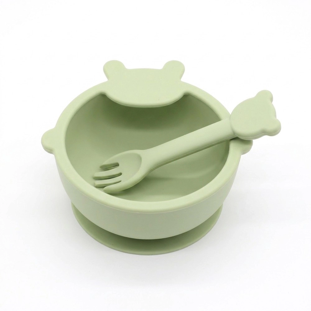 MyKids-USA Baby Cartoon Bear Shape Complementary Food Training Silicone Bowl With Spoon Sets