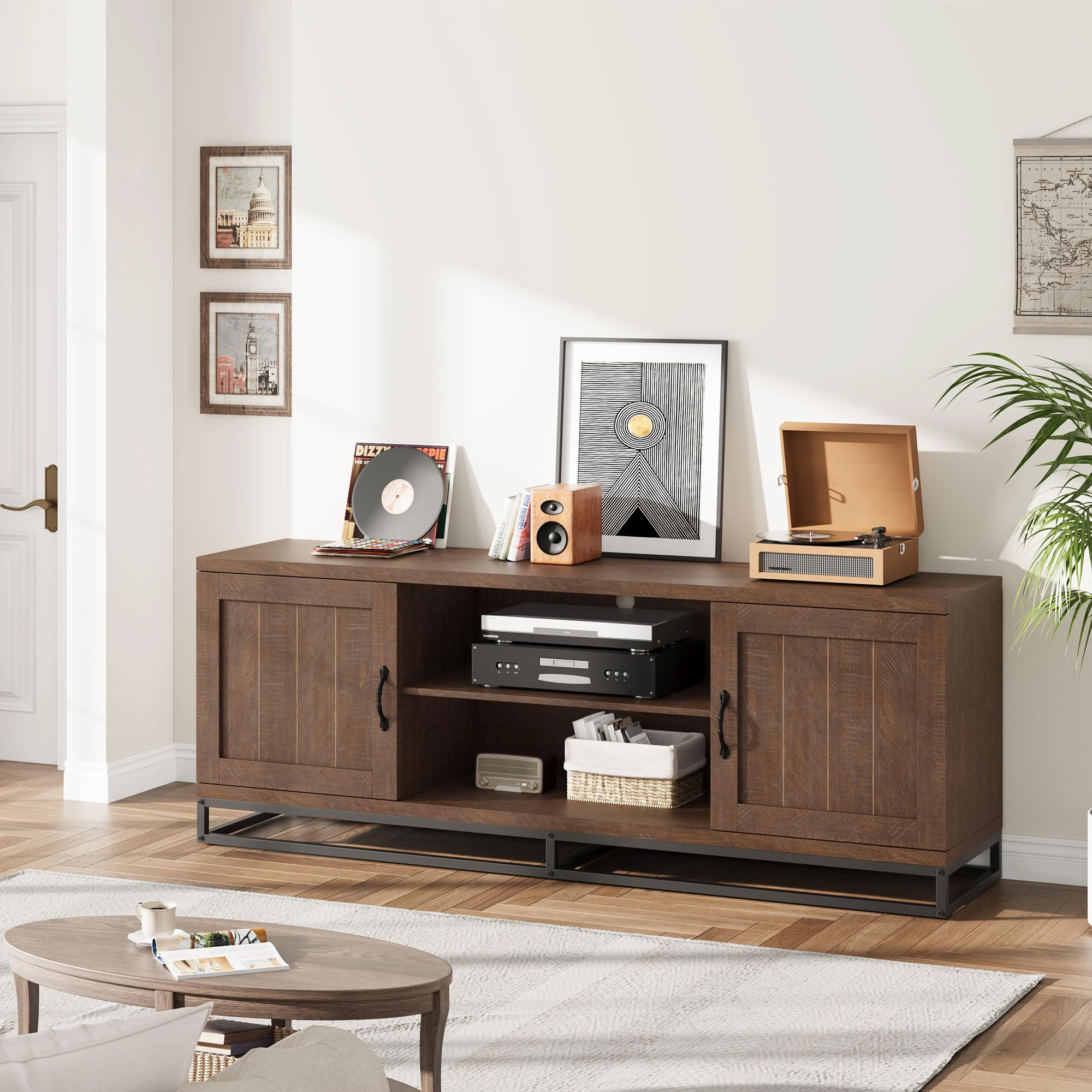 BebreezChic Farmhouse TV Stand for 75inch, Grey Entertainment Center with Sturdy Metal Leg & Adjustable Shelves