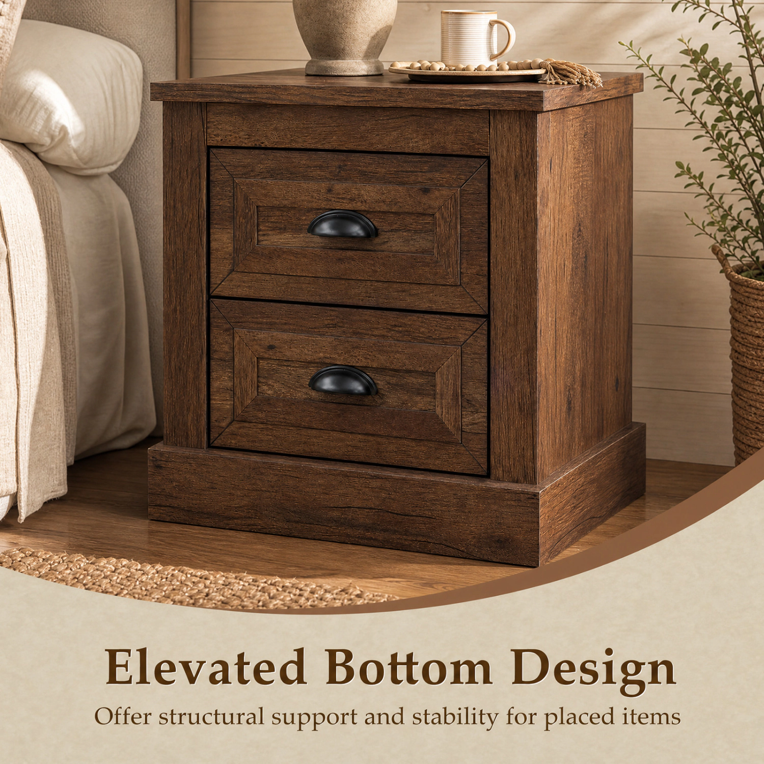 LJG Set of 2 Farmhouse Nightstand with 2 Drawers & Storage for Living Room Bedroom
