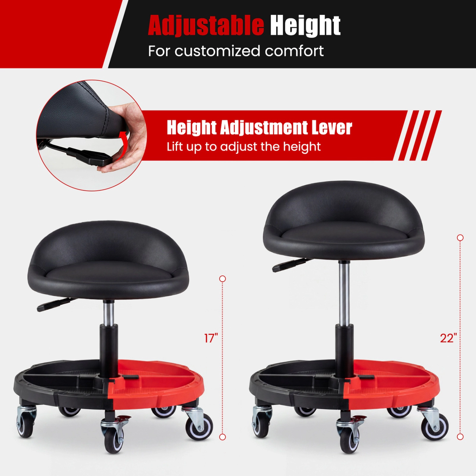 SUGIFT Adjustable 360° Rolling Mechanic Stool Seat with Backrest and Tool Storage Tray 330-lb Capacity Black + Red