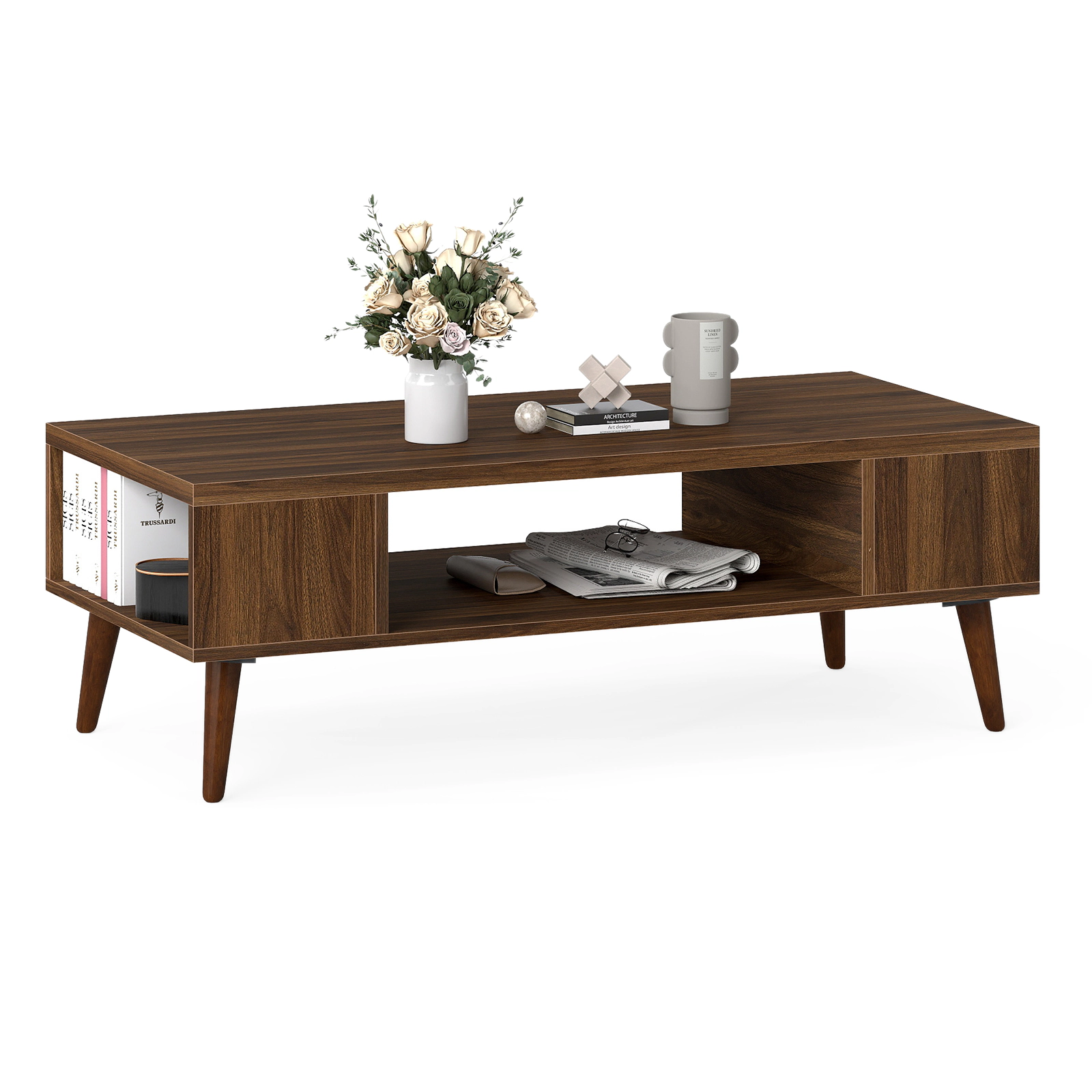 LJG 42 Inch Mid Century Modern Coffee Table Rectangular with Open Compartment