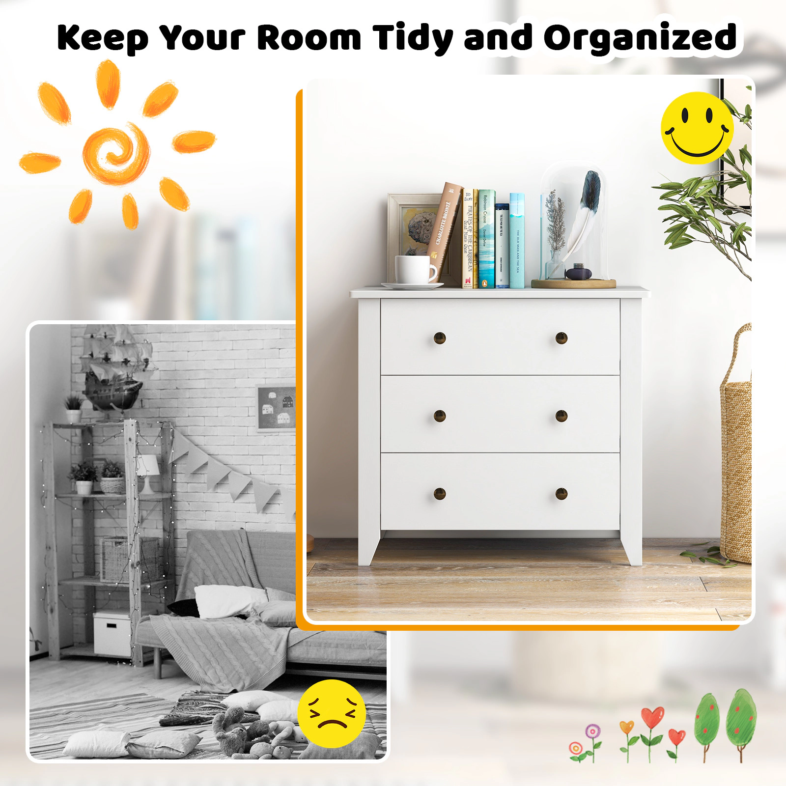 SUGIFT White Bedside Storage Cabinet Chest of Drawers 3-Drawer Dresser