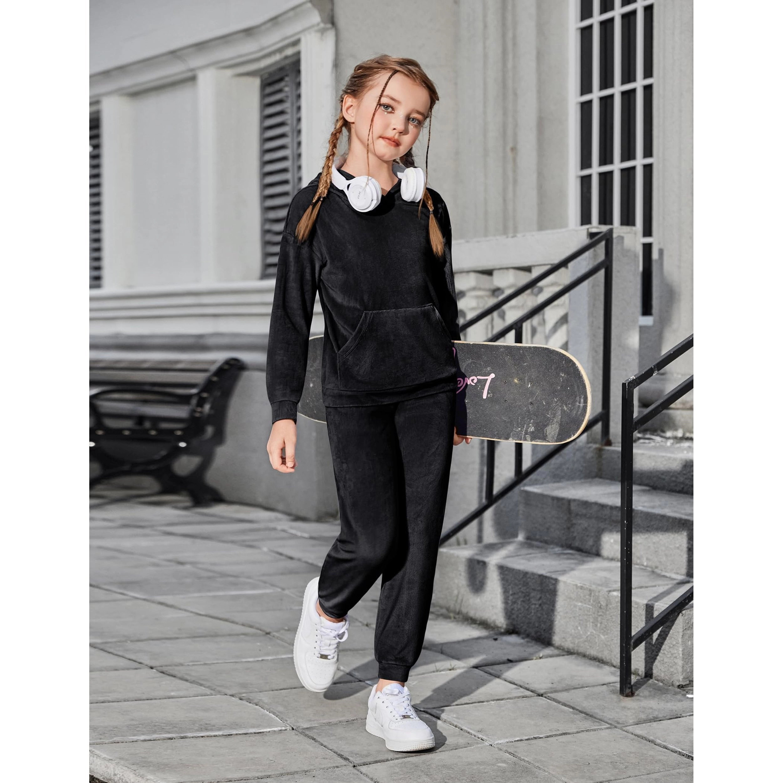 Arshiner Girls Velour Tracksuit Set Crewneck Pullover Hoodie And Sweatpants With Pockets
