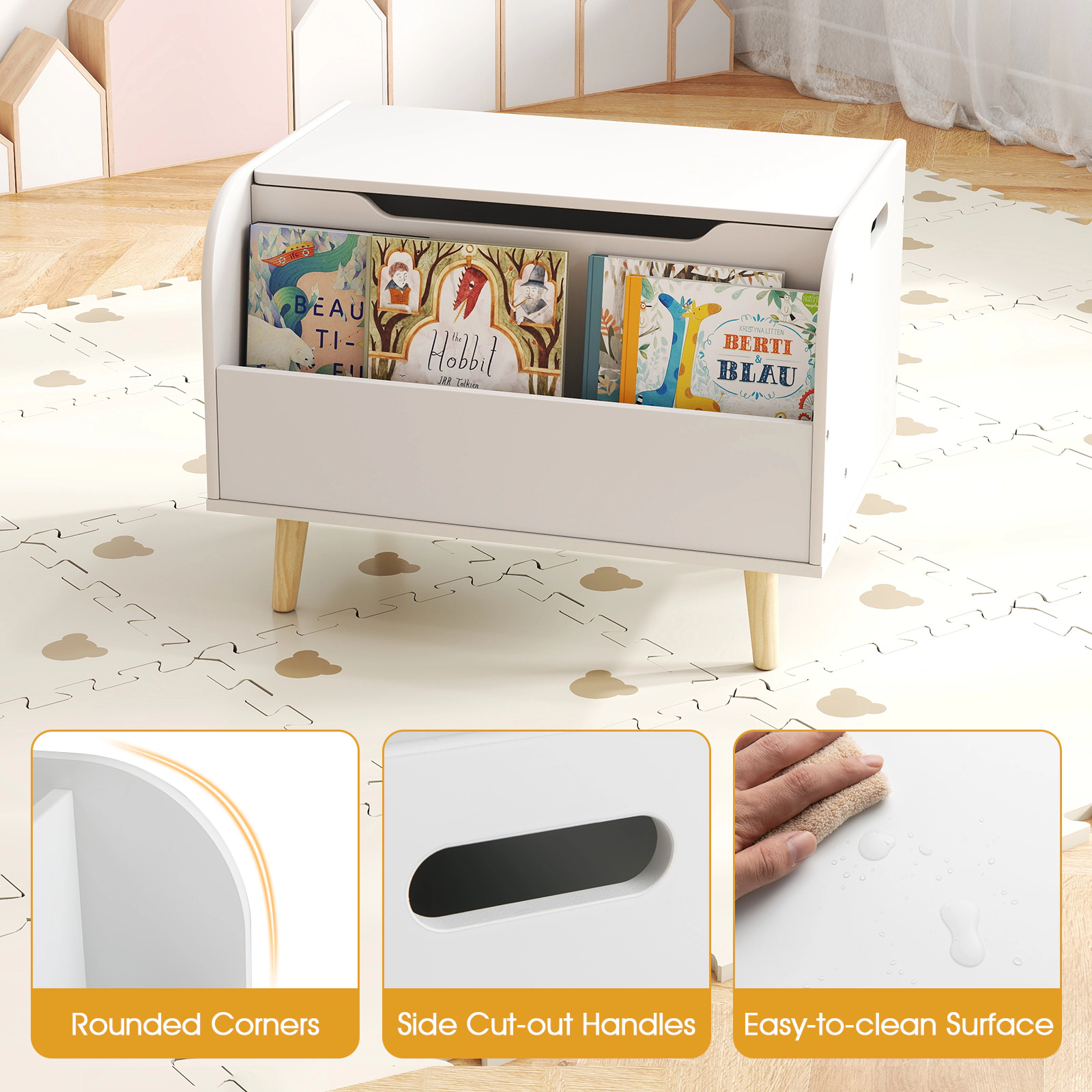 SUGIFT 23.5-in Kids Wooden Toy Box and Storage Chest with Front Bookshelf 4 Pine Wood Legs and Safety Hinge