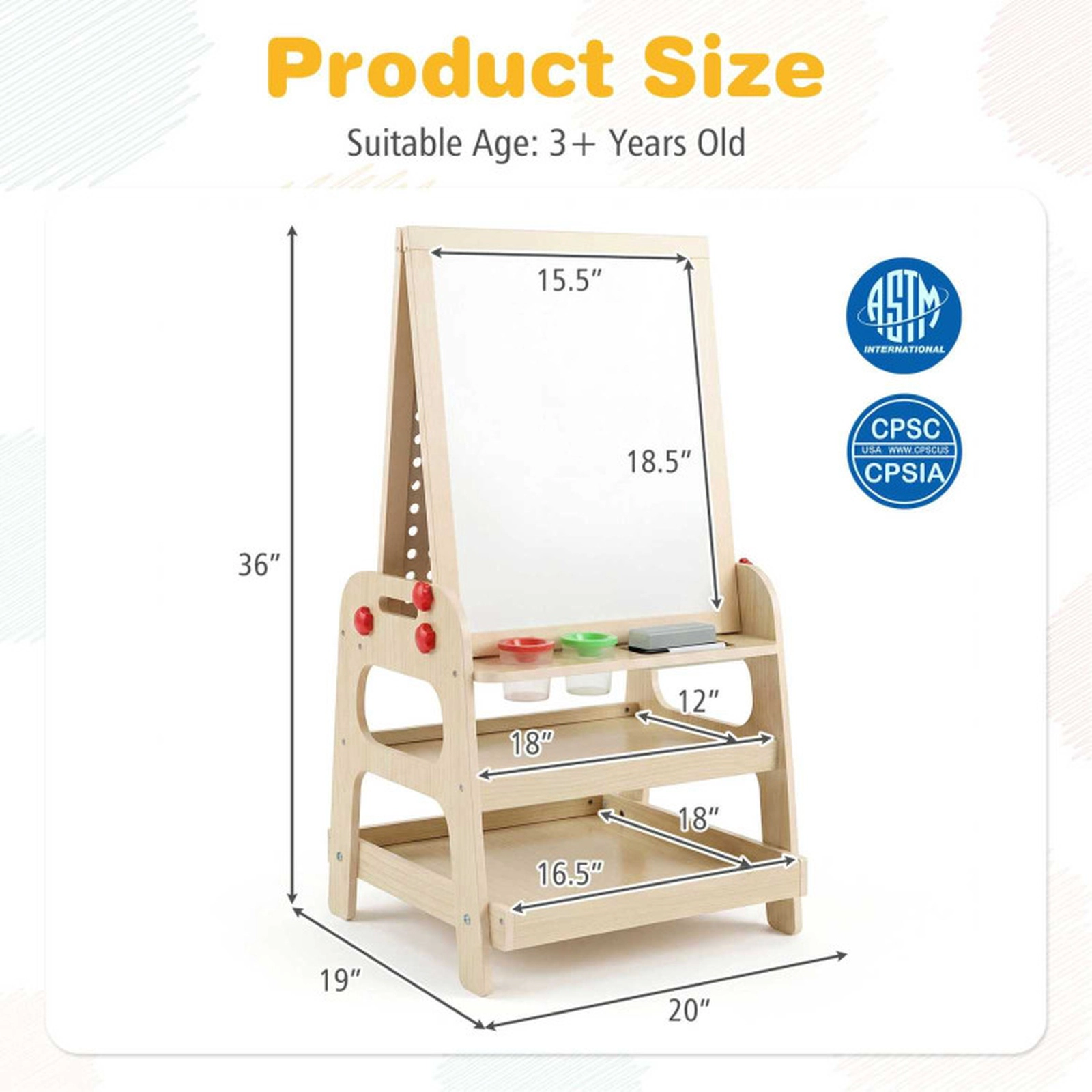 SUGIFT 2-in-1 Kids Art Easel with Magnetic Whiteboard and Marble Run Game 44-lb Capacity Ages 3+ 36-in Tall Natural