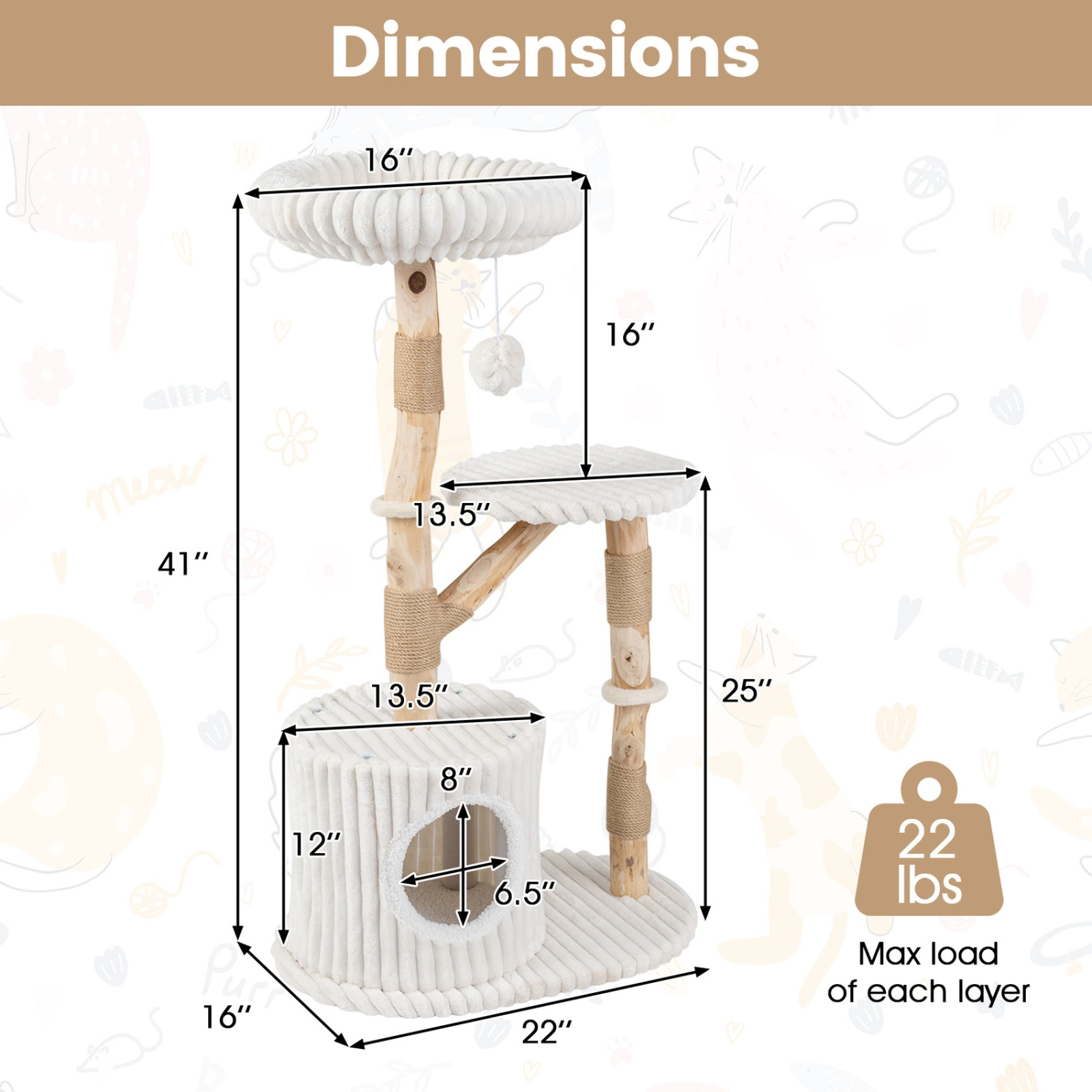 SUGIFT Beige 41 in Solid Wood Cat Tree with Real Branches and Cozy Condo Bed