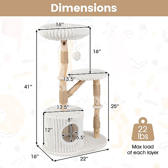 SUGIFT 41-in H Solid Wood Cat Tree with Real Pear Wood Branches and ...