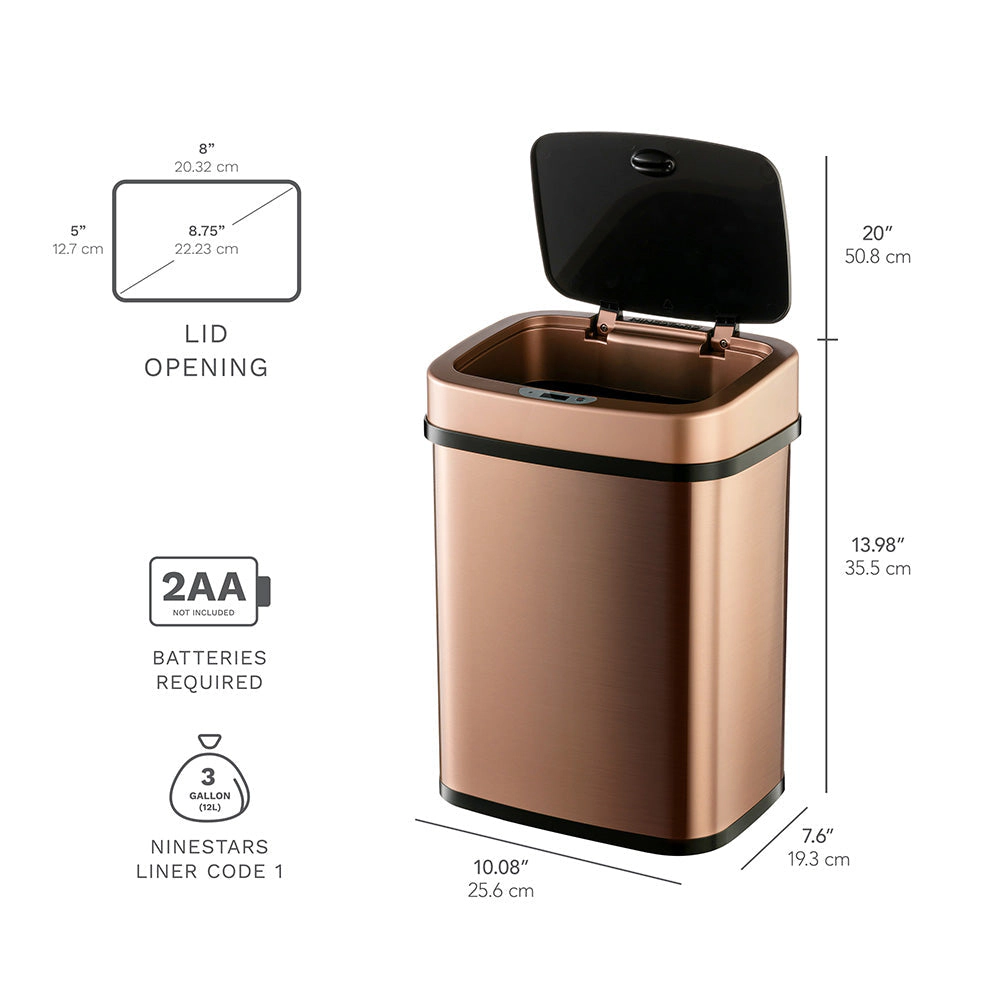 Ninestars Rectangular 3.2-Gallon Stainless Steel Motion Sensor Trash Can